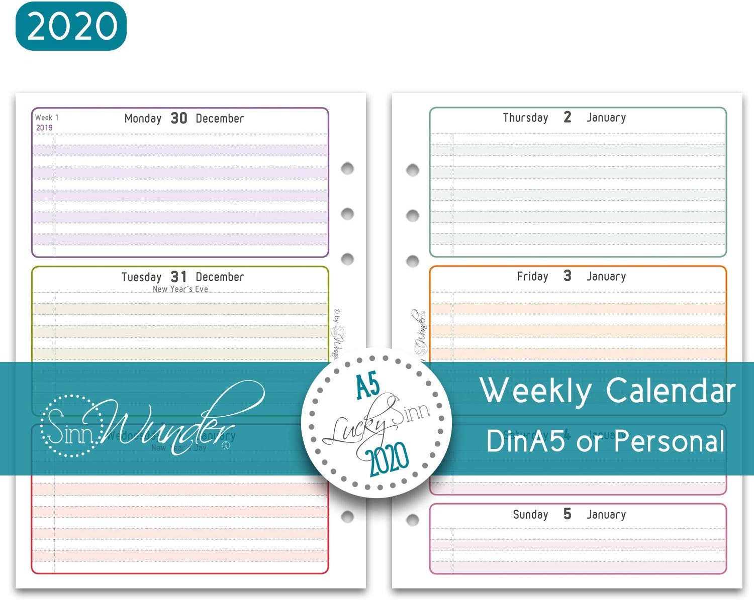 SinnWunder 2020 Premium - Calendar Refill - Weekly View with 1 Week on 2 Pages - LuckySinn - A5 Size