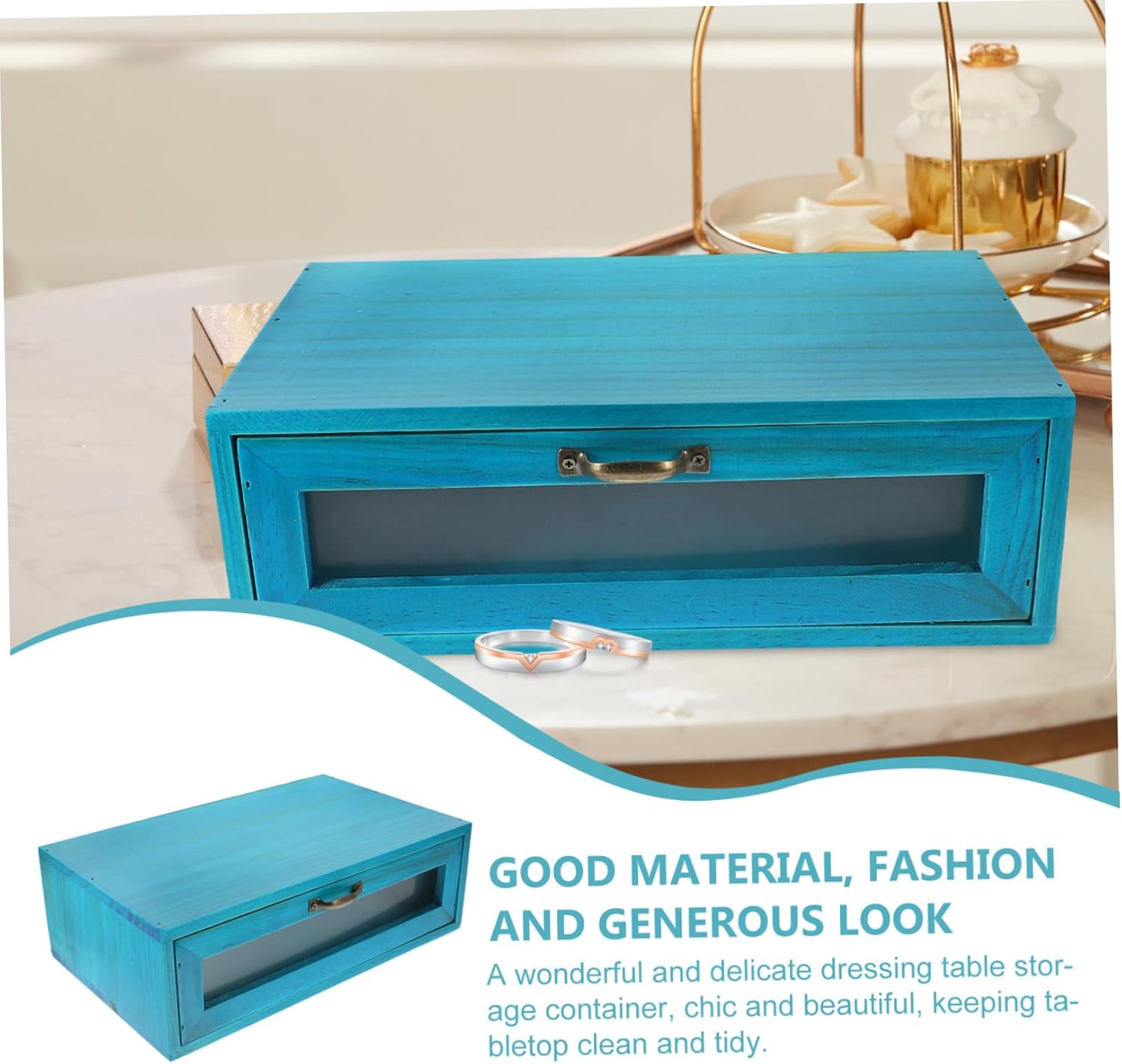 Wooden Desktop Drawer Box Cosmetic Storage Organizer for Vanity Tabletop Small Sundries Holder with Stable Base Capacity for Lipstick Nail Polish Jewelry Mediterranean Blue Single