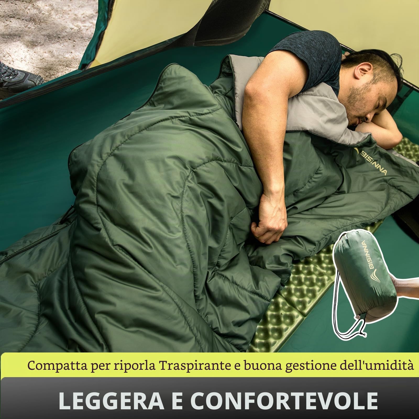 BISINNA - Sacco a pelo ultraleggero da 680 g | Design compatto 2 stagioni per campeggio, escursionismo e avventure estive (190 x 75 cm)