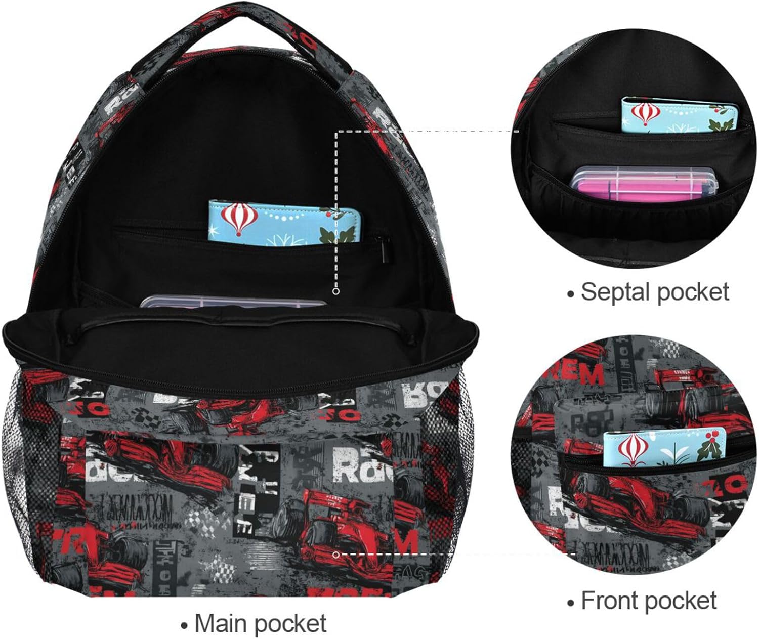 Dussdil Sport Race Cars Kids Backpack Backpacks for Boys Girls 16 inch Casual Daypack School Back Pack Book Bag Zipper Travel Bags with Adjustable Shoulder Strap