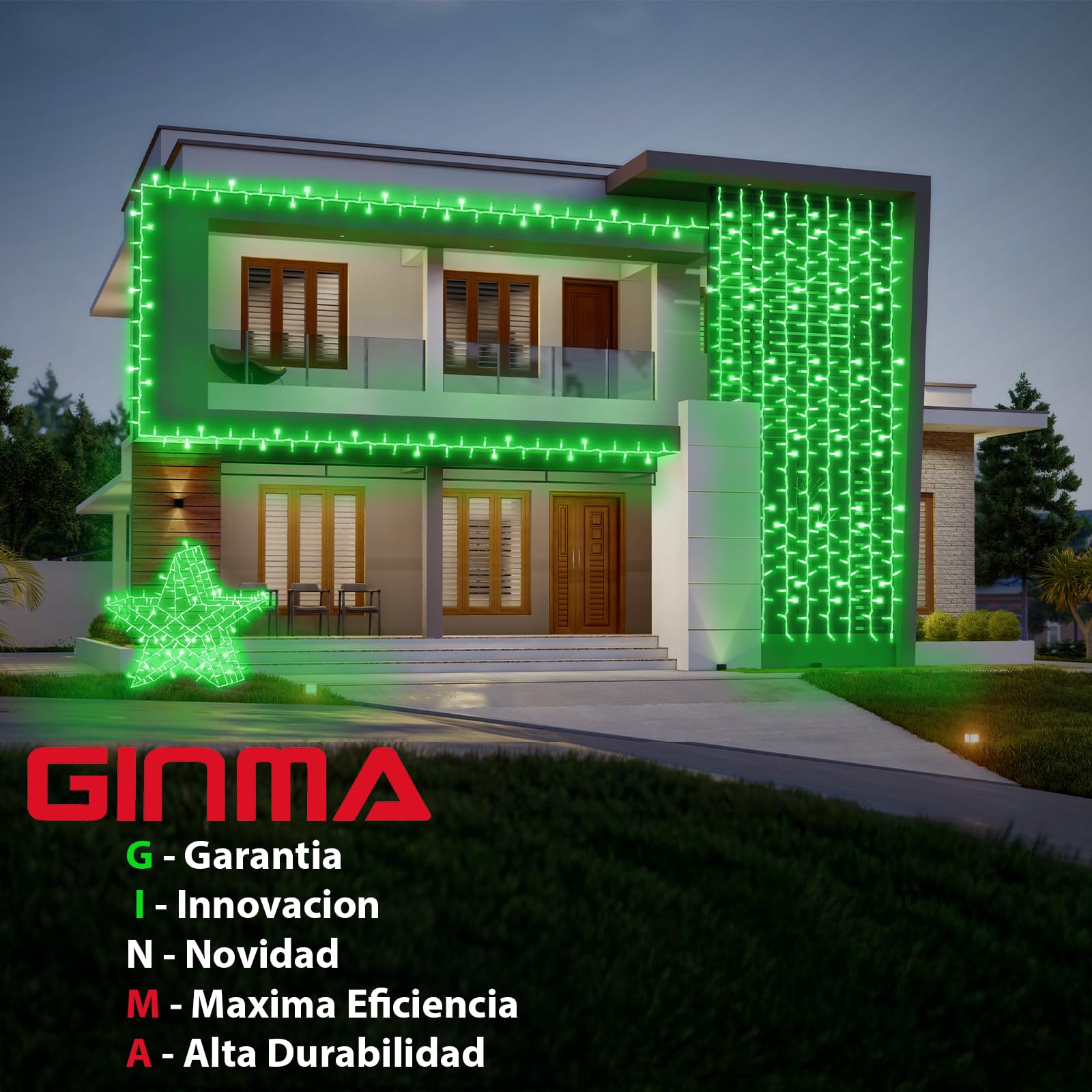 GINMA Luces de Navidad Exterior, Luces Navideñas Exterior Profesionales de Bajo Consumo, Impermeables y Prolongables para Jardín, Balcón y Fachada (Verde, 20m (200 LED))