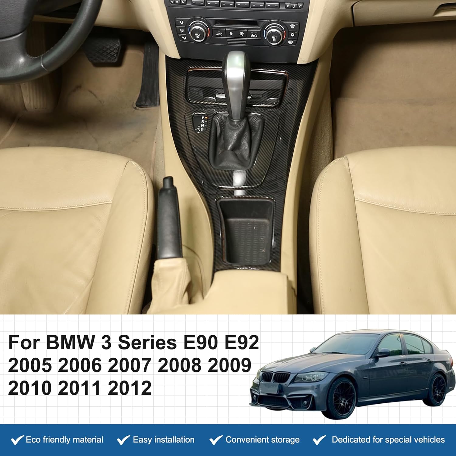 Car Center Console Gear Shift Panel Cover Compatible with BMW 3 Series 2005-2012 E90 E92,ABS Control Gear Box Shift Knob Panel Frame Molding Cover Interior Accessories 2PCS (Carbon Fiber Pattern)