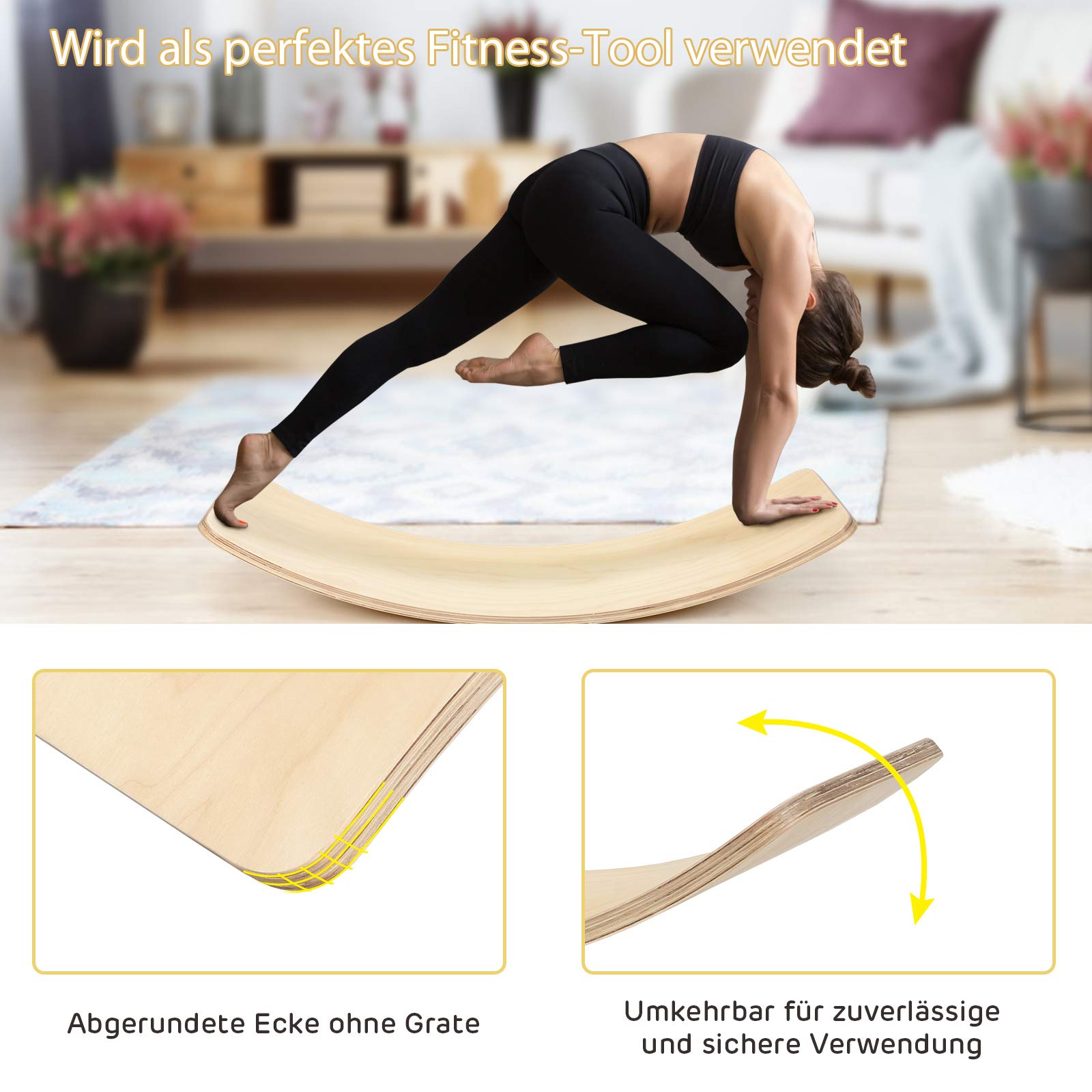 COSTWAY 90 x 30cm / 90 x 40cm Balance Board mit Filz, Balancierbrett aus Holz, Wackelbrett bis 220kg belastbar, Kurviges Board für Kinder und Erwachsene