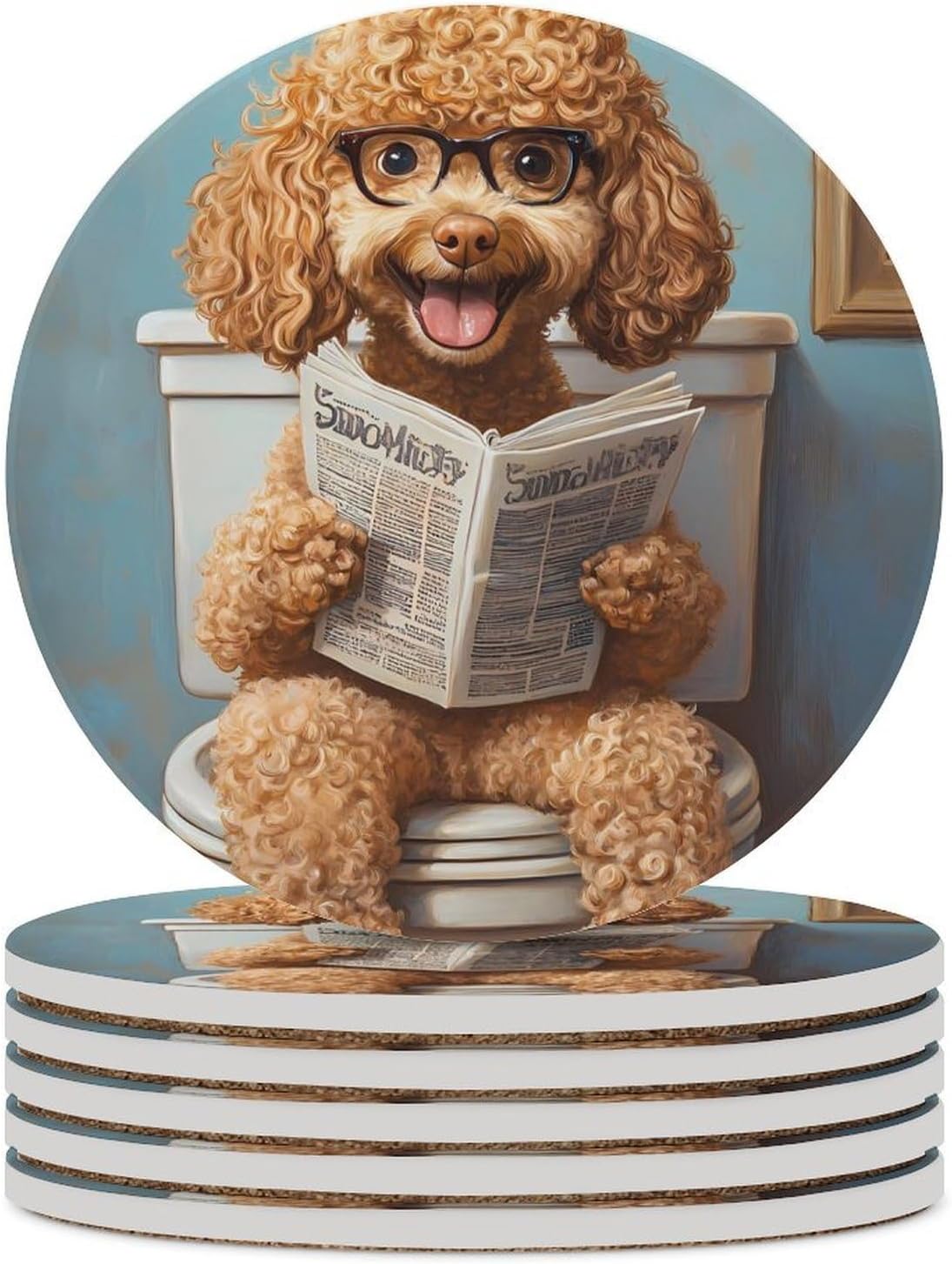Goldendoodle on Toilet Reading Newspaper Round Ceramic Coasters for Drinks Absorbent Cup Holder Tabletop Protector with Cork Base