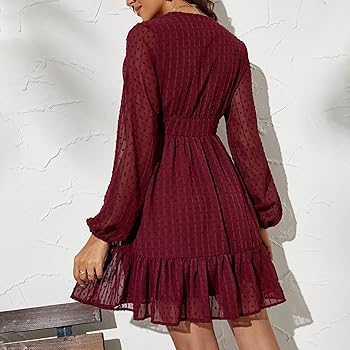 Knee Length Burgundy Cute Casual Dress Maroon Black Chiffon Long Sleeve A  Line Dress For Women