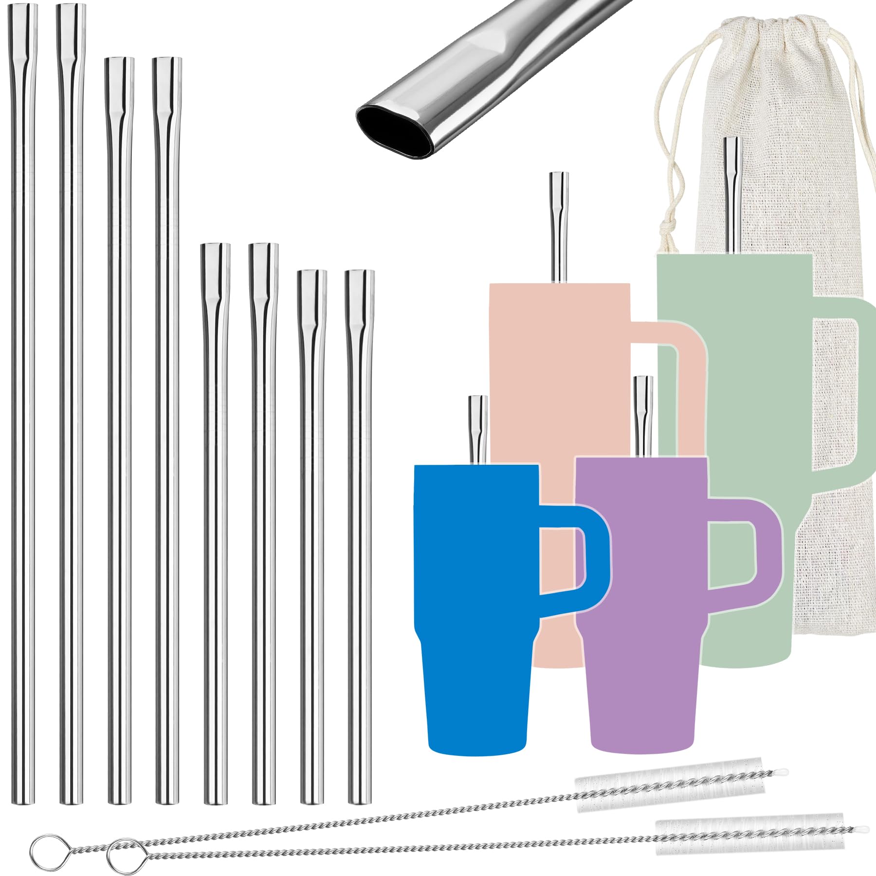 Pailles anti-plis en acier inoxydable avec pointe plate et brosses de nettoyage lavables