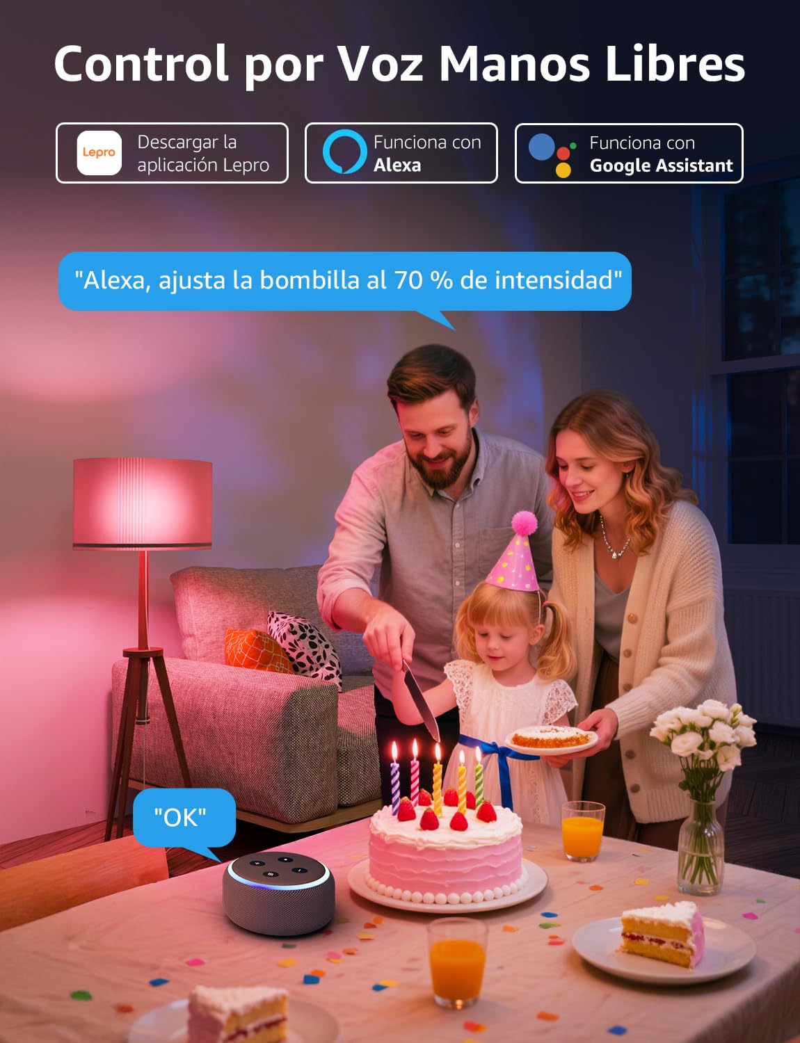 Lepro B3 AI Bombilla Inteligente Alexa, LED E27 12W RGB Regulable Bombillas, Wi-Fi Control de Voz y Sync de Música, Diseñador de Iluminación AI Personalizado, Funciona con Alexa, Google Home, 4Pcs