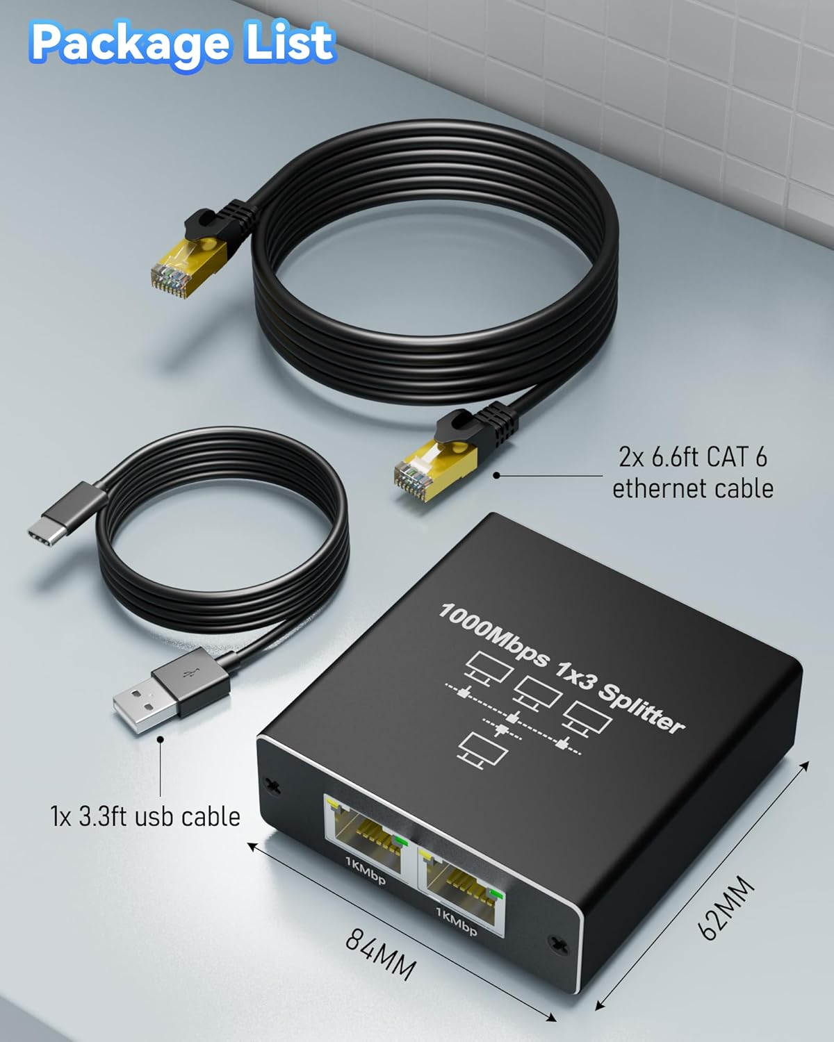Gigabit Ethernet Splitter 1 to 3, Kit with 2 Cat6 Cables 6.6FT & USB Power, 1000Mbps High-Speed RJ45 LAN Splitter Adapter for Router, Modem, Switch Compatible with Cat5/5e/6/7/8 Ethernet Cables