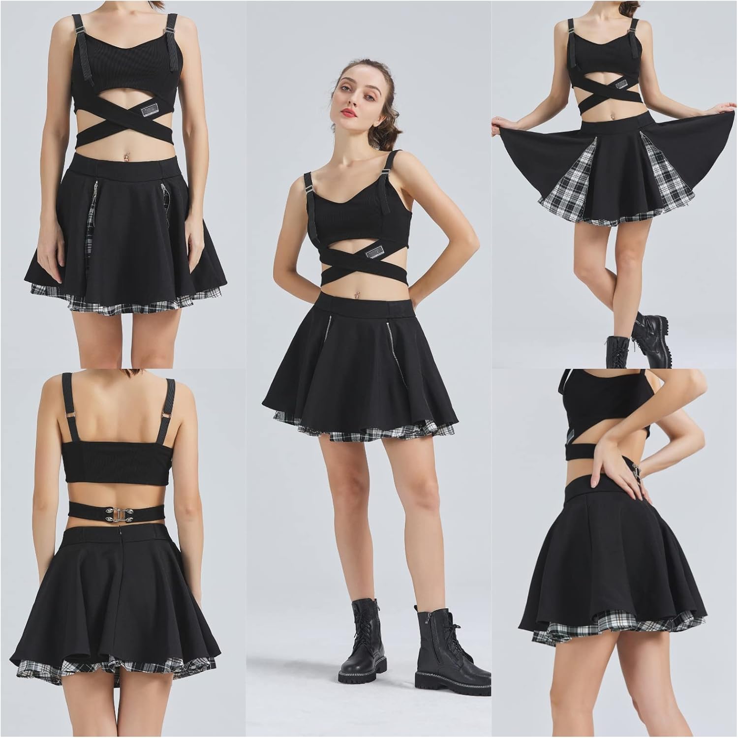 Kisidoo Gothic Skirts Cute High Elastic Waisted Plaid Kilts for Women Trendy Hem Flared Knee Length Mini Skater Skirt - Image 4