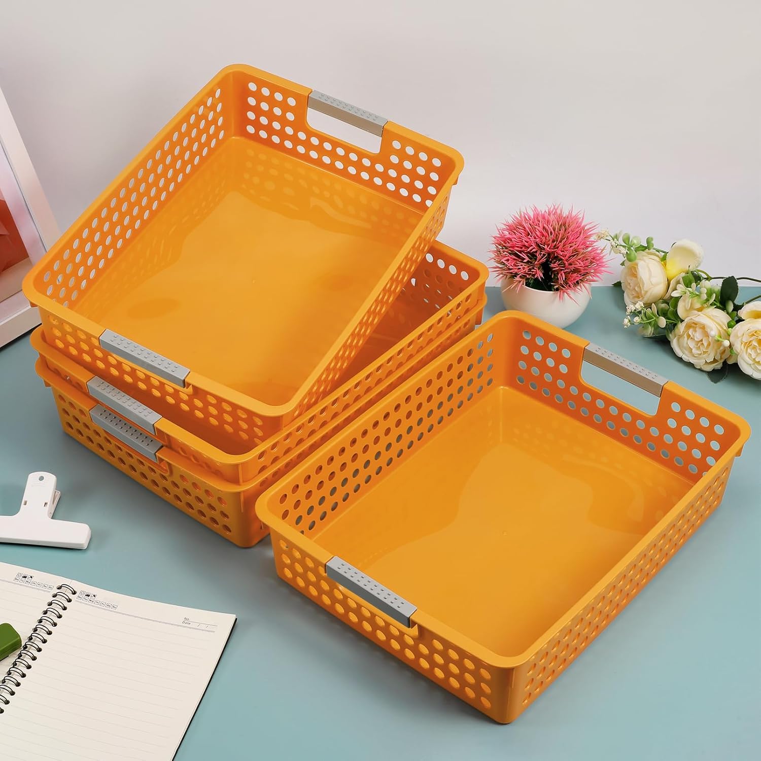 Turn in Trays Classroom,4 Pack Paper Trays for Classroom,Plastic Storage Baskets with Handles,Colorful Classroom Organization and Storage Paper Tray Holds for Drawers, Office, Home(Orange)