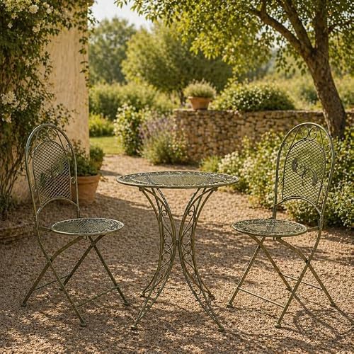 L'Héritier Du Temps Salon de Jardin 2 Personnes Papillon Salon de Thé Bistrot 1 Table 2 Chaises Pliables en Fer Vert Antique