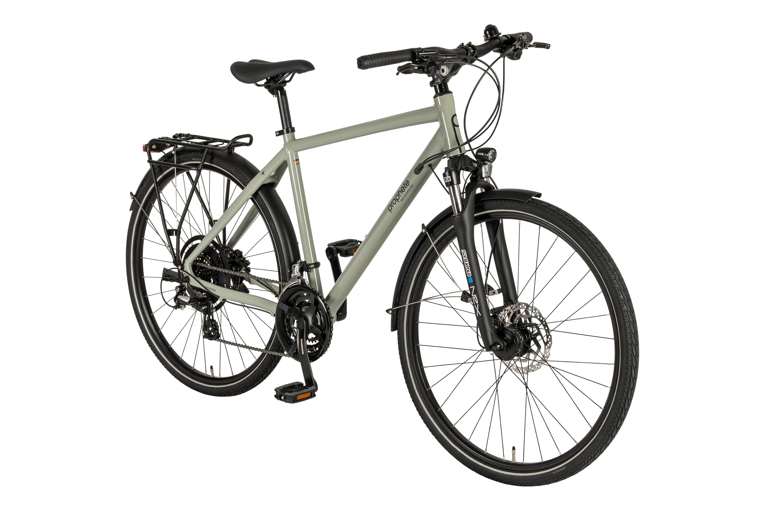 PROPHETE ENTDECKER 500 28 Zoll Trekkingbike mit Altus 24 Gang Kettenschaltung hydraulischen MT200 Scheibenbremsen 40 Lux LED Beleuchtung Alu Suntour NEX Federgabel grau