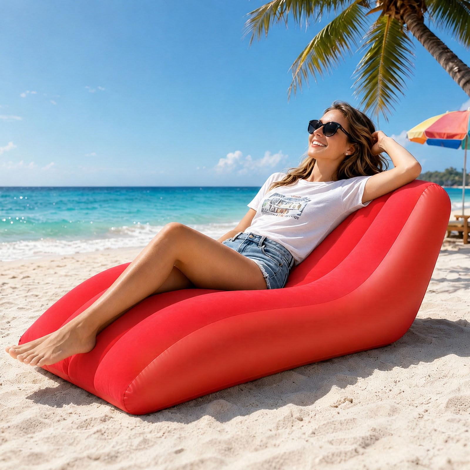 Bocguy Fauteuil gonflable d'extérieur avec pompe à air, canapé gonflable en PVC avec surface floquée pour l'intérieur, l'extérieur, la maison, le camping, les pique-niques, la plage (rouge)