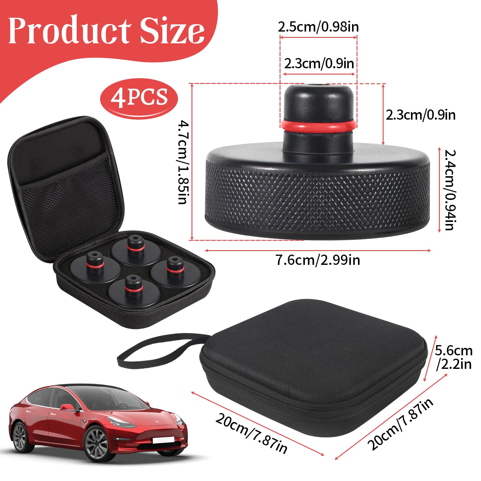 JAMATA Almohadillas de Goma Elevación de Tesla Model 3/Y/X/S,4 Piezas,Jack Pad Adaptador Duradero-Protección Antideslizante y Segura contra Daños en Batería y Chasis,Incluye Bolsa de Almacenamiento