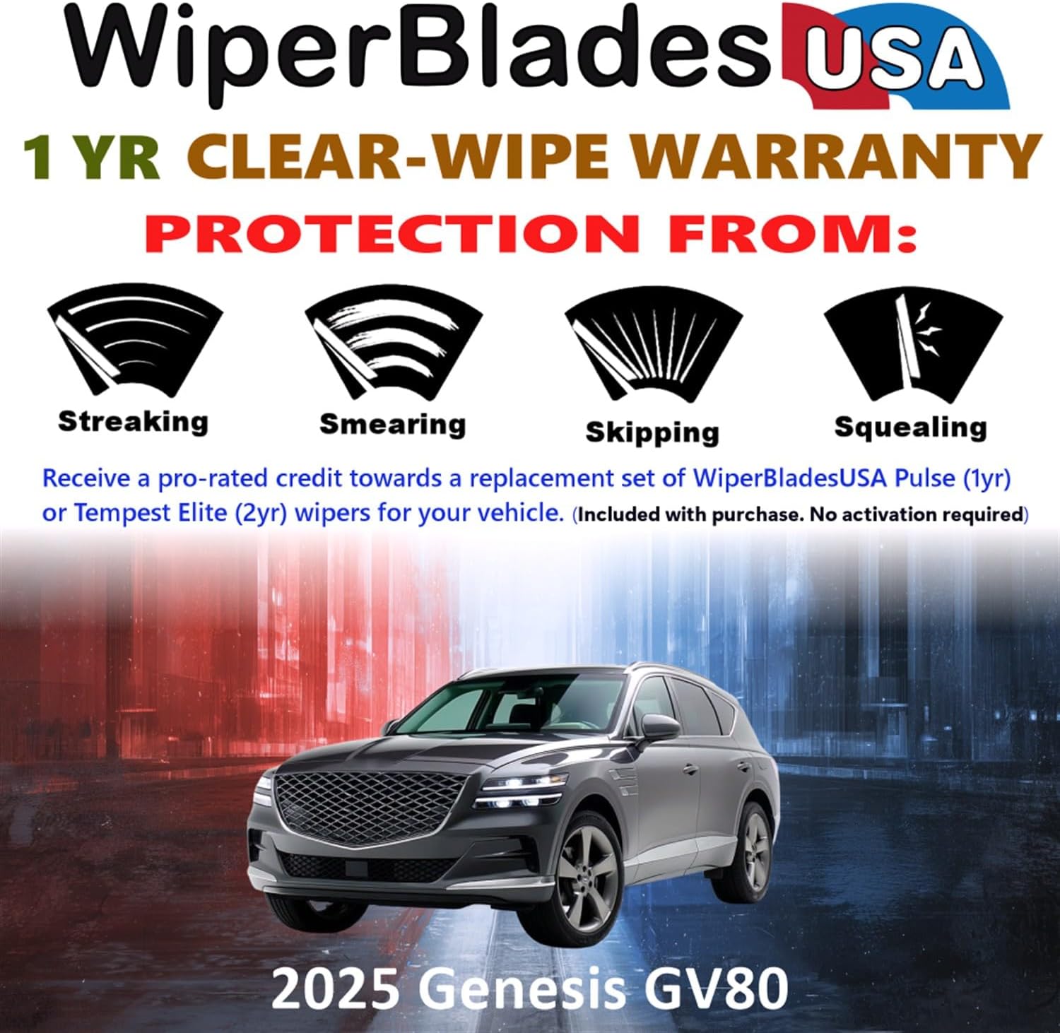 WiperBladesUSA Wiper Blades Set w/ 1yr warranty compatible with Genesis GV80 2025 Wipers (Set of 2) Pulse Wipers