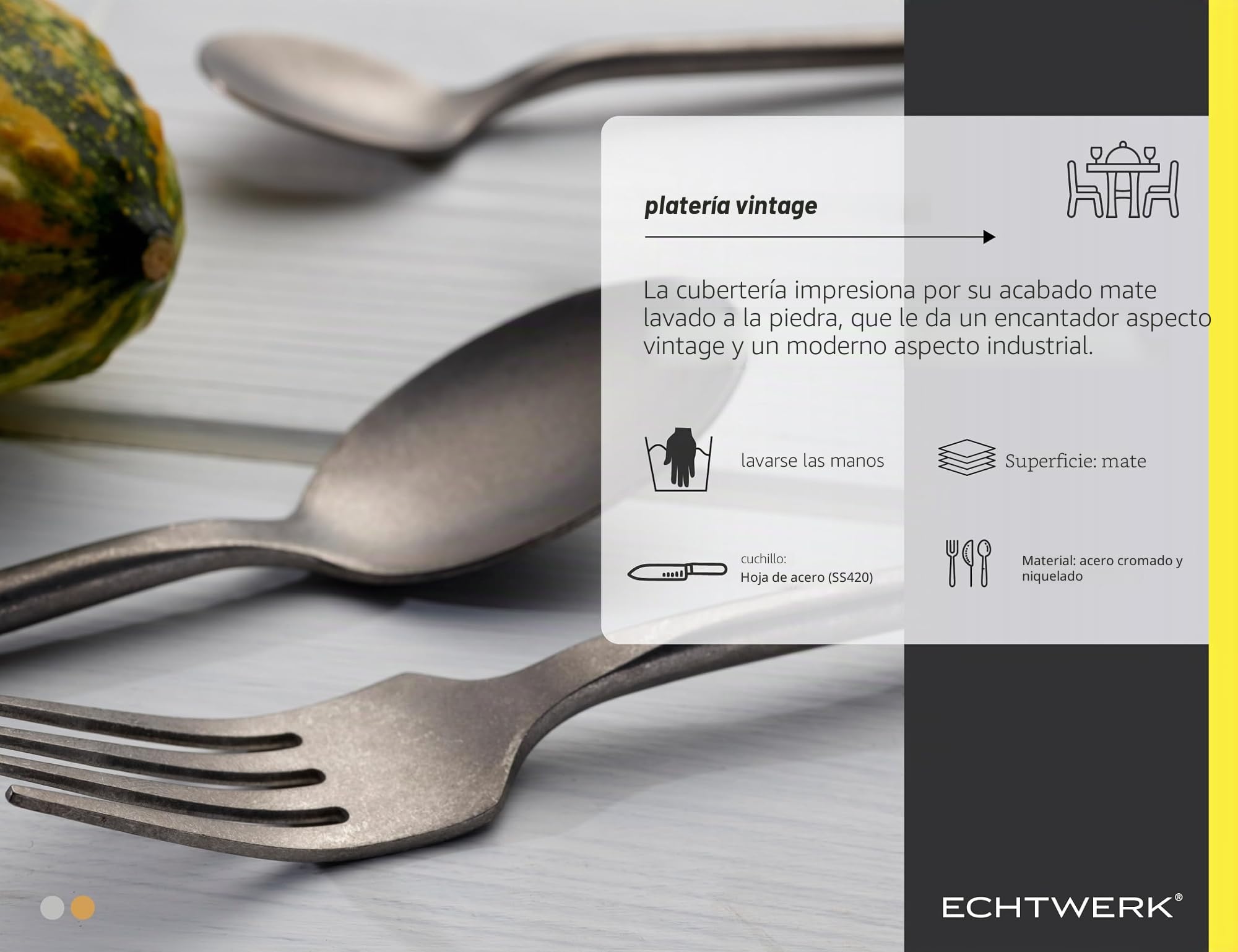 ECHTWERK Cubiertos de mesa Malou, plateado stonewashed, 16 piezas, cubiertos para hasta 4 personas, acero inoxidable, acero cromado-níquel