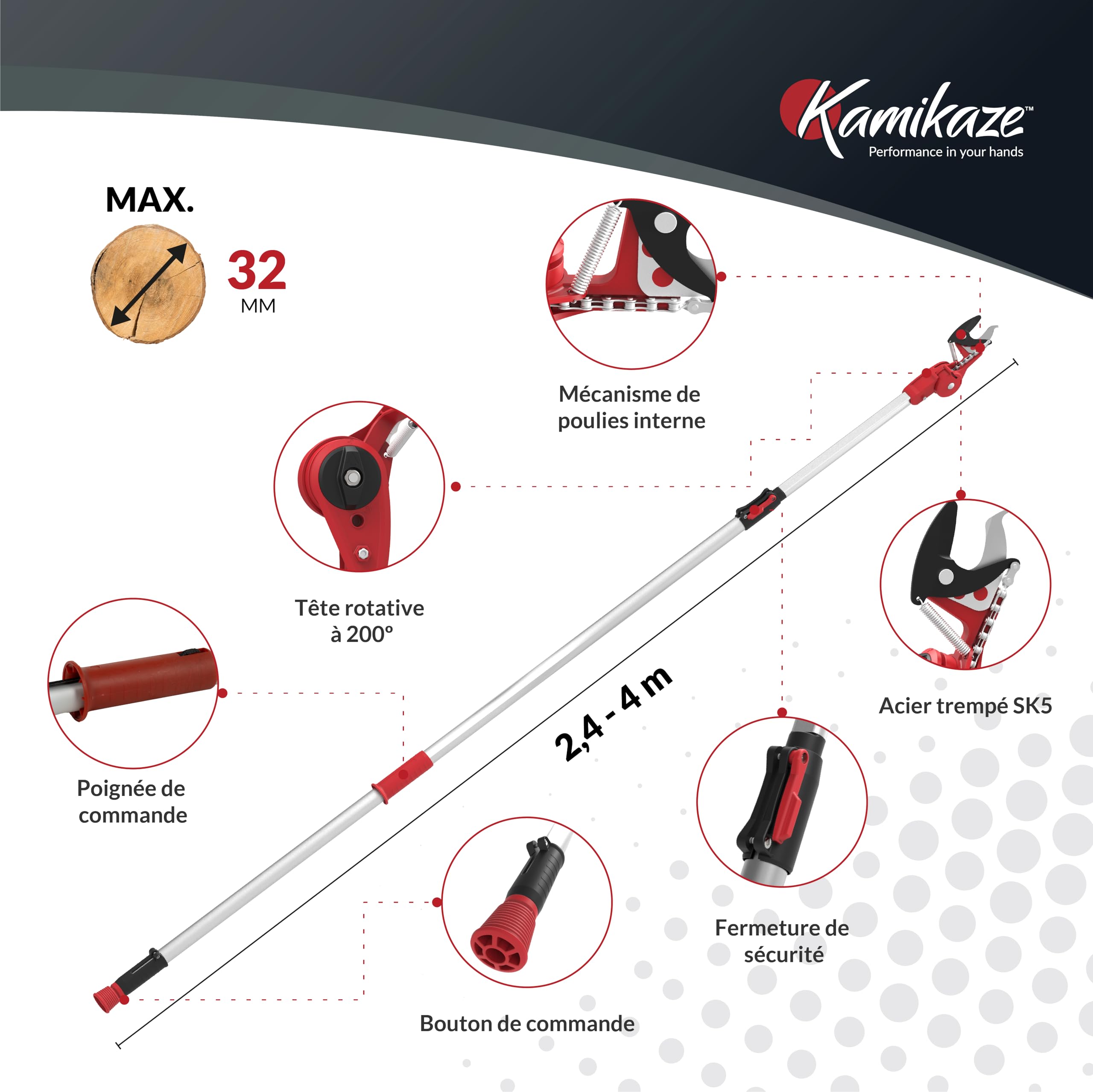 KAMIKAZE Échenilloir Coupe-Branches Télescopique jusqu'à 4 m. Mécanisme de Poulies Réducteur d'Effort. Tête Rotative et Lame en Acier SK5 avec Revêtement Antiadhésif. Sécateur Télescopique KM-63TLX