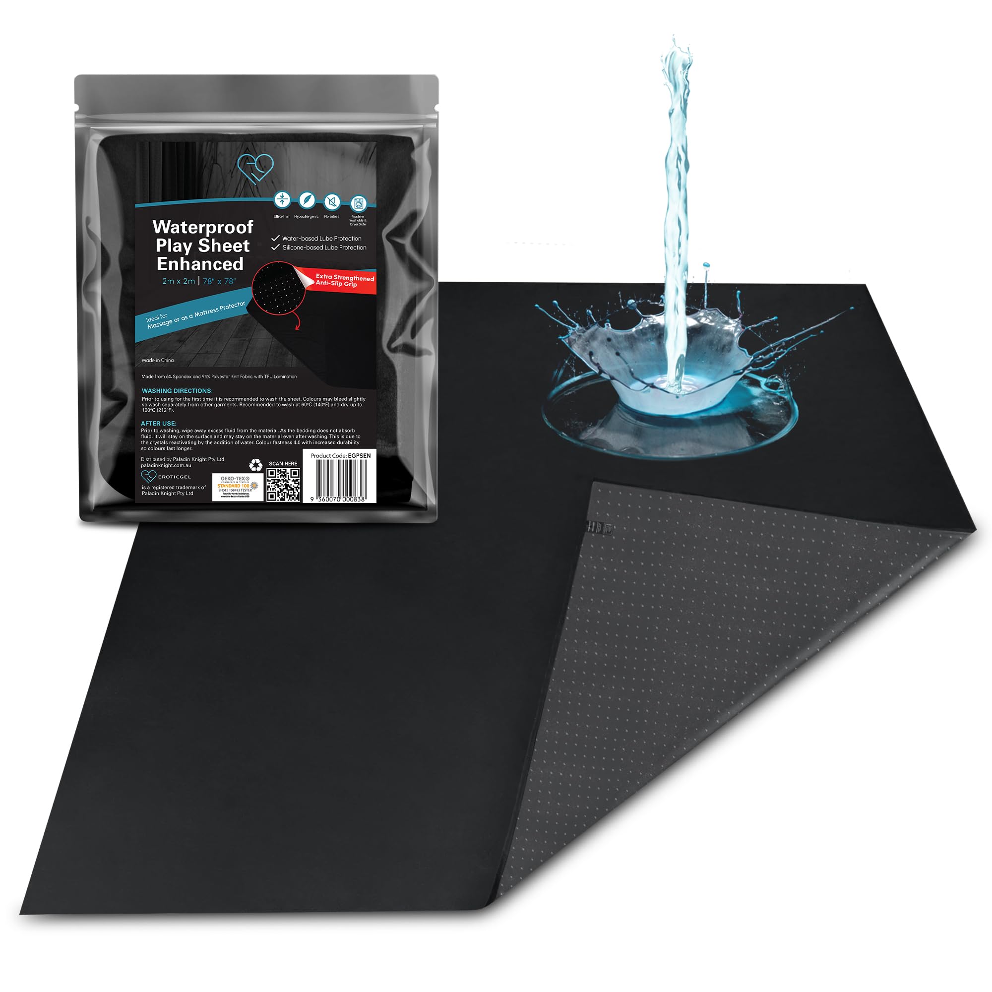 Black Waterproof Flat Play Sheet (79”x79”), Anti-Slip Mattress Topper with Strengthened Grip, Protector Cover, Safe with Oil, Water, & Silicone-Based Massage Products, Hypoallergenic, Machine Washable