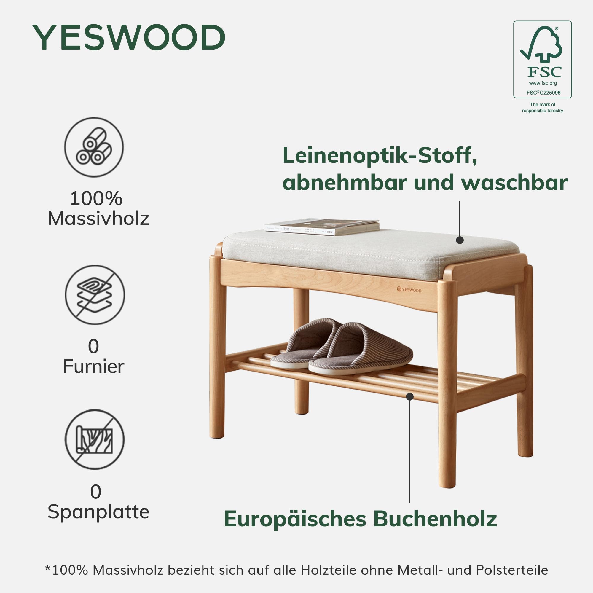 YESWOOD Schuhbank mit Sitzpolster Massivholz Buche, Sitzbank für Flur mit Schuhablage, Gepolsterte Bank mit Offenem Regal, Holz Bank für Eingangsbereich Schlafzimmer, Natur