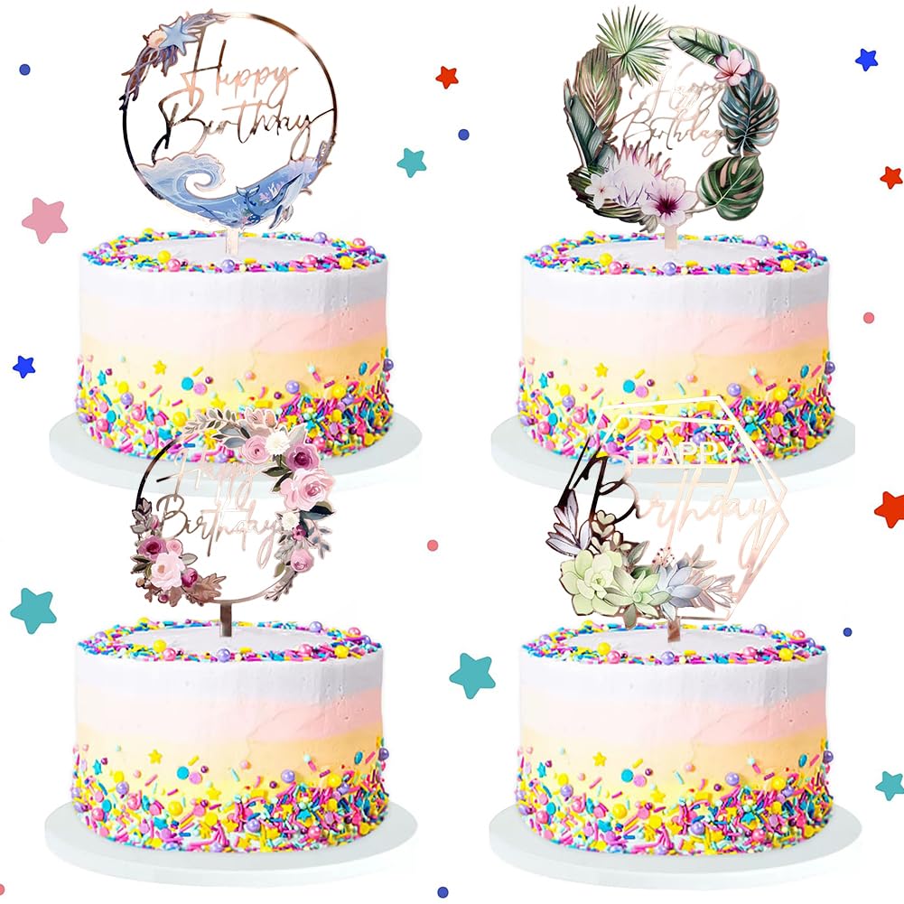 4 Pcs Flowers Cake Toppers, Rose Flower Cake Decorations, Flowers Happy Birthday Cake Topper, Acrylic Cake Toppers for DIY Wedding Birthday Valentine's Day Party Cake Decorations Supplies