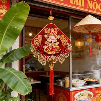KYMY Vietnamese New Year Hanging Ornament, 2026 Year of the Horse TET God of Wreath Pendant with Tet Symbol, Gold Leaf Red Berry Lunar New Year Hanging Decorations for Tet Viet NAM Wall Door Window