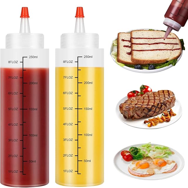 2Pcs Plastic Squeeze Bottles with Cap, 8oz 250 ML Transparent Condiment Bottles, BPA Free, Salad Dressing Bottles Leakproof for Painting Baking Ketchup Sharp Sauce Olive Oil Sauce Bottle