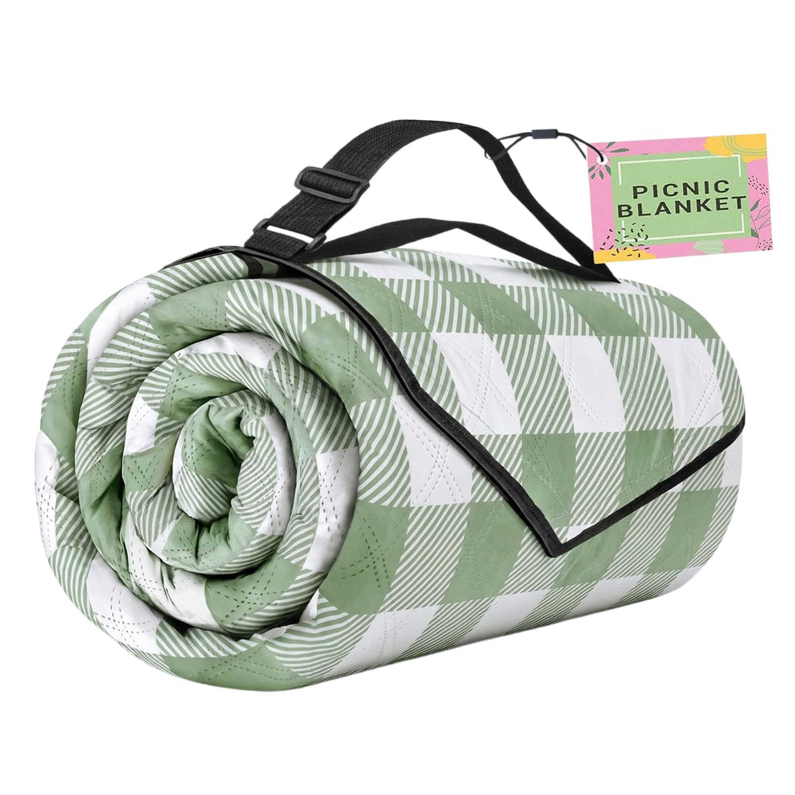 Tappetino da picnic portatile con tracolla, coperta pieghevole verde a quadretti 200 x 300 cm per copertura del terreno da campeggio, posti a sedere nel parco e gite un giorno all ' aperto Coperta