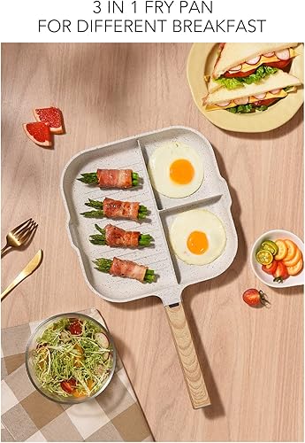 Miniatura 2 de TOTITOM Sartén de desayuno dividida de 3 secciones, sartén de huevo de cocina multifunción con particiones de aleación de aluminio para desayuno