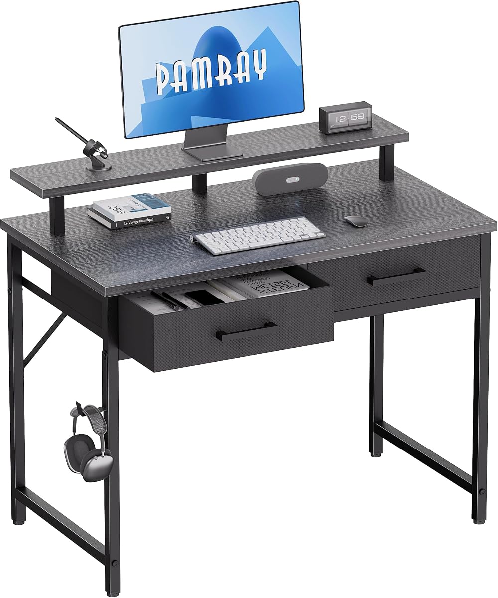32 Inch Small Computer Desk with Monitor Stand and 2 Drawers | Small Gaming Desk, for Bedroom Apartment and Dorm, for Study Work and Writing, Small Spaces, Sturdy, Easy Assembly