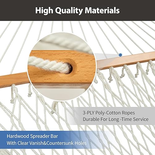 Miniatura 5 de CHULIM Hamaca doble al aire libre con barras separadoras de madera dura, hamaca de cuerda grande con almohada de poliéster y cojín, capacidad de 475