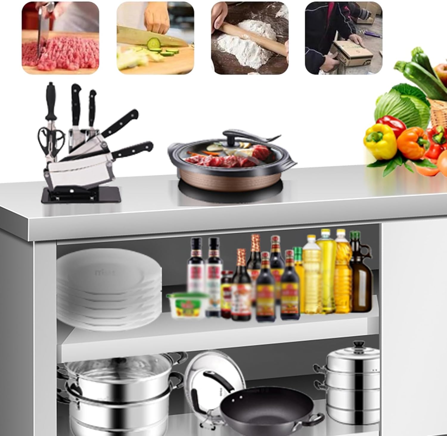 Stainless Steel Workbench Storage Cabinet Commercial Prep Table Kitchen Cooktop Sliding Door Double Pass Through Workbench Sturdy Metal Table(31.5 * 19.7 * 31.5in)