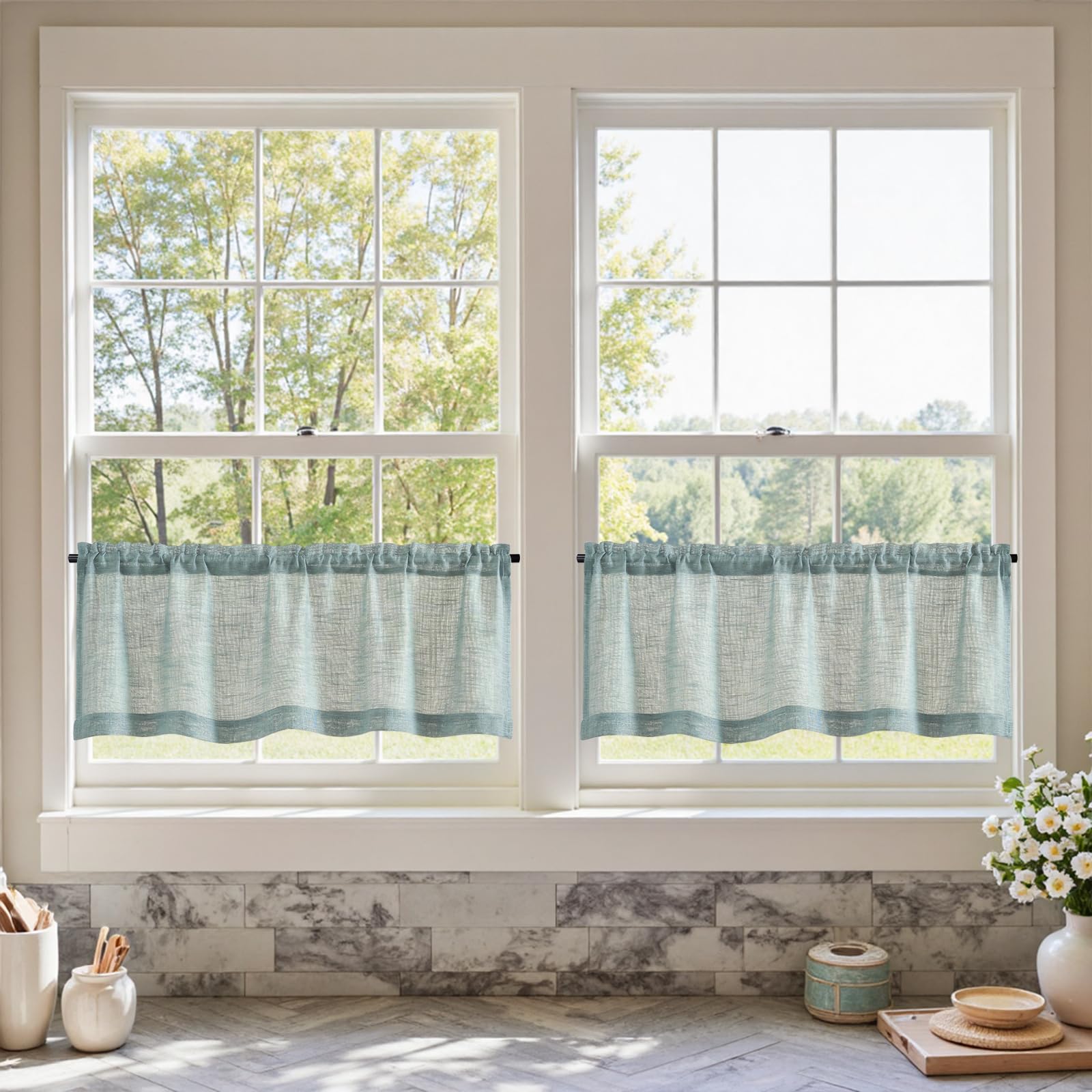 TOPICK Sheer Visillo de Gasa Gris Azulado, Juego de 2 Unidades, Transparente, Gasa, Bufanda, Cortina Corta, pequeña Ventana para Cocina, salón, casa de Campo, 2 Unidades, 130 x 40 cm