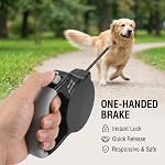 Laisse rétractable pour chien 16 pi/5 m, pour chiens petits et moyens jusqu'à 50 lb (23 KG), verrouillage et frein à une main, rotation à 360° sans enchevêtrement, bande en nylon, poignée antidérapante