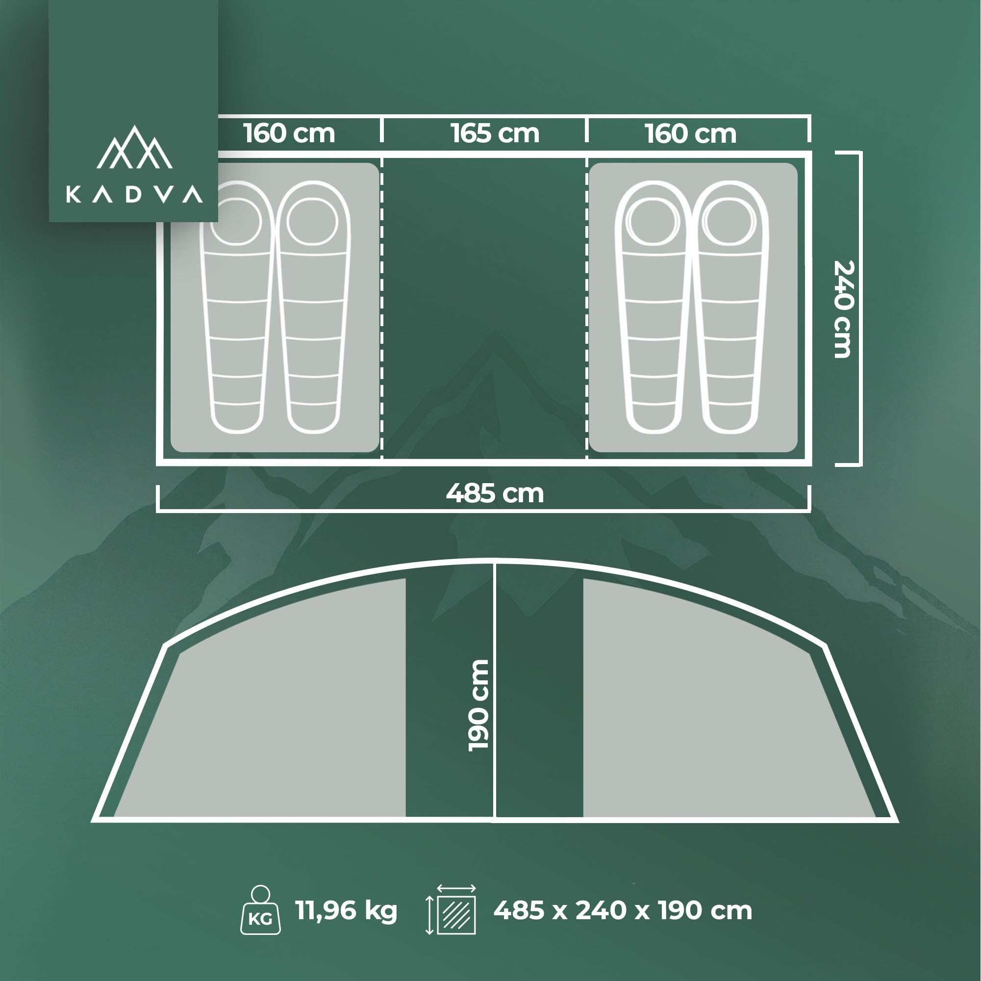 KADVA Tienda de campaña Kavio 4.2, para 4 Personas, con 2 dormitorios, Gran vestíbulo con iluminación, Resistencia al Agua 2000 mm, mosquitera, Marco Exterior Estable, compacta (68 x 30 cm, 11,96 kg)