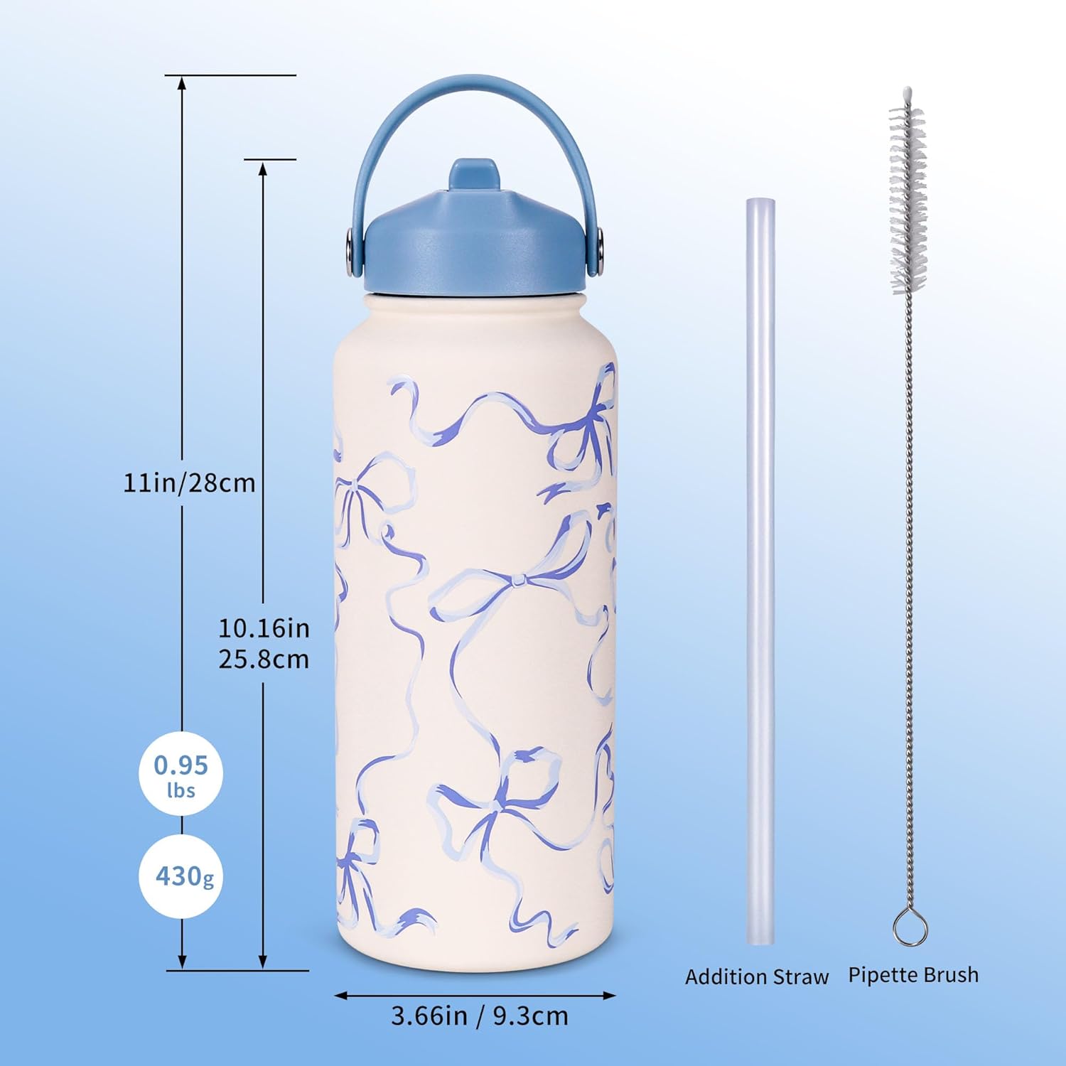 Goetland Ribbon Water Bottle with Straw Lid 32 oz Stainless Steel Wide Mouth Vacuum Double Insulated Drinking Cup Cute Leakproof UV Printing For Women Girls Blue - Image 2