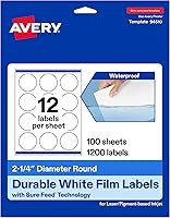 Vista 1 de Avery Printable Durable White Round Labels, Sure Feed Technology, 2.25" Diameter, Print-to-the-Edge, Waterproof Labels, Laser & Pigment-Based Inkjet