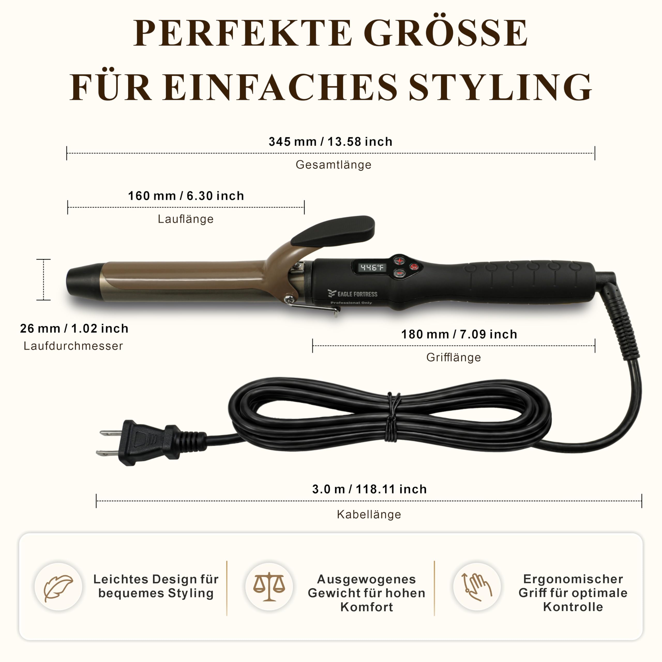 Fer à boucler professionnel avec écran LCD, 30 secondes, chauffage rapide, 60 °C à 230 °C, fer à boucler en céramique en aluminium avec pince, qualité salon pour tous les types de cheveux, câble