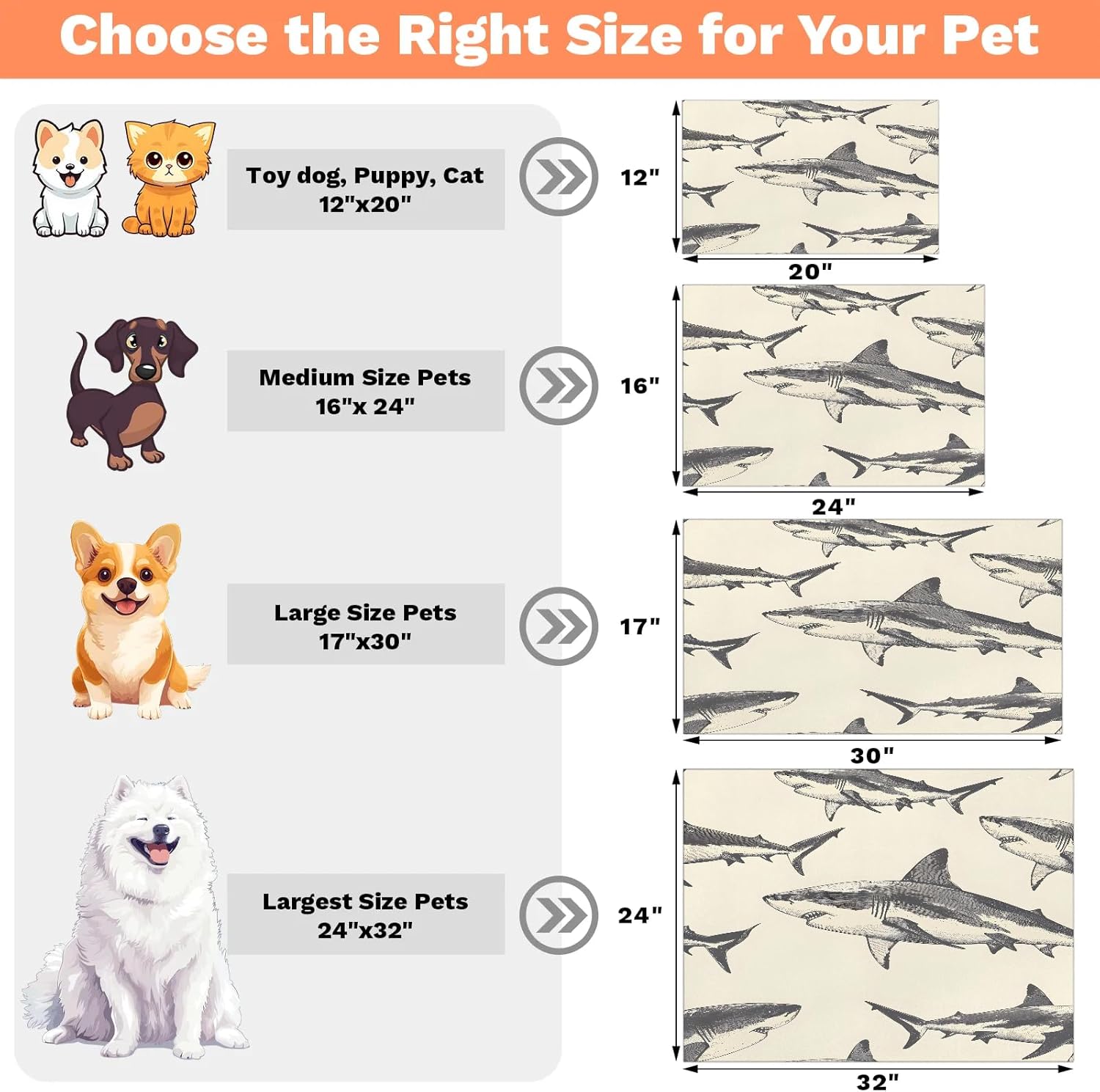 Hexteria Shark Dog Cat Food Mat 24 x 32 in Absorbent Leakproof Pet Feeding Mat for Food and Water Bowl Non Slip No Stains Pet Placemat