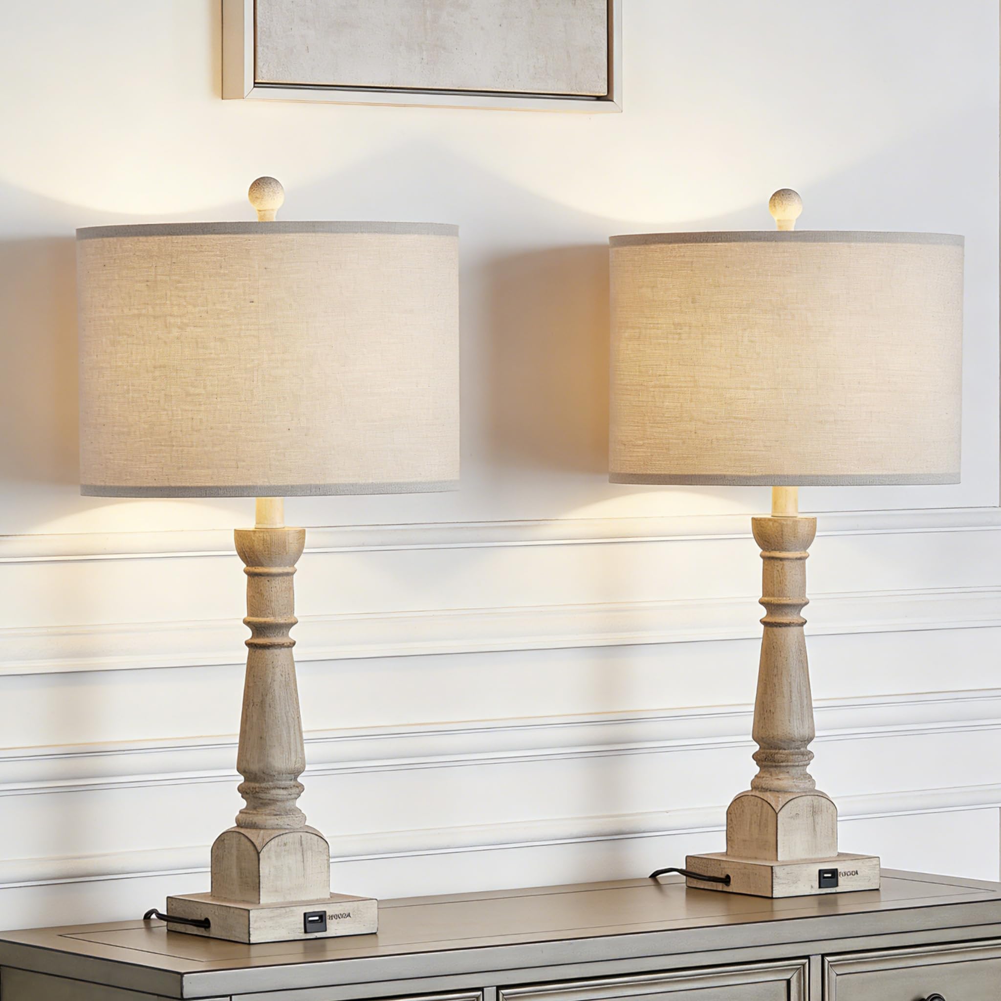 HIGHTRY Farmhouse Table Lamps Set of 2 for Living Room, 27" Rustic Bedside Nightstand Lamps with USB Port, 3-Way Dimmable Vintage End Table Lamps with