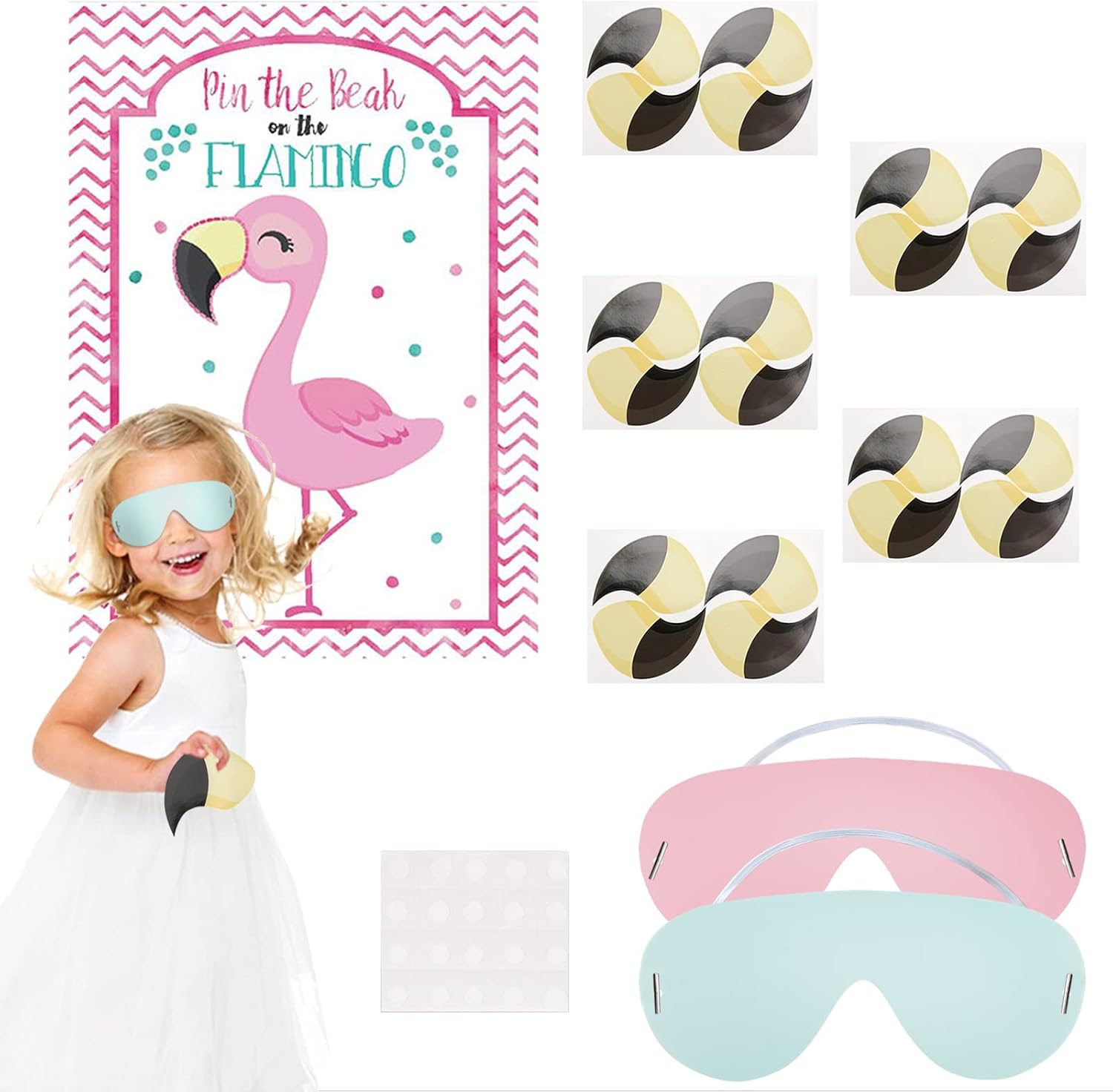Konsait Pin The Beak on The Flamingo Game Poster for Boys Girls Kids Summer Beach Pool Hawaiian Luau Tropical Themed Baby Shower Birthday Party Favor Supplies Decoration Party Games for Kids