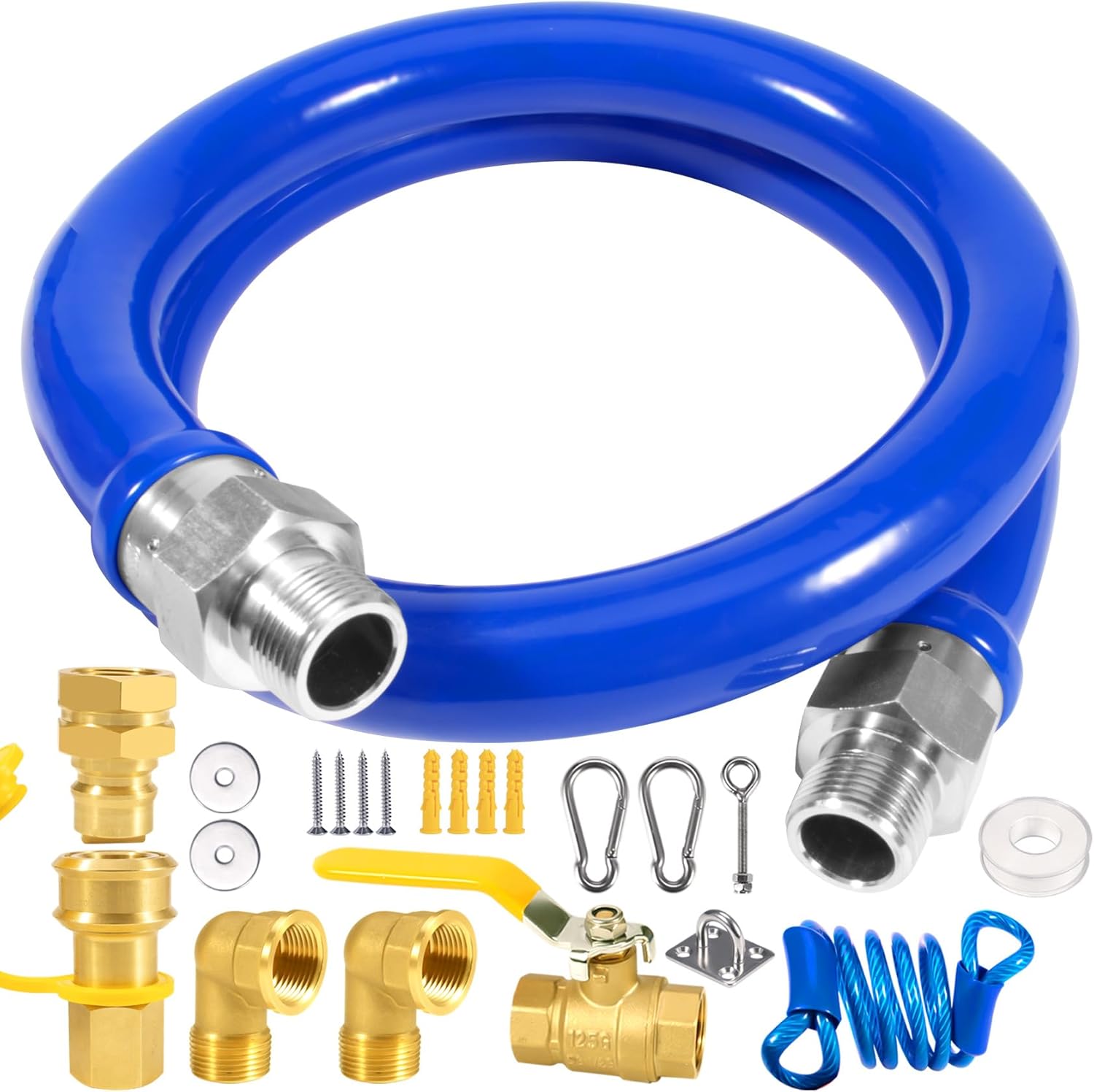 36/48 inch Commercial Gas Hose Connector Kit, Flexible Blue Gas Hose Kit,1675KIT36 Safety System Kit,Gas Line Hose with 3/4" Quick Disconnect,Restraining Devices for Commercial Kitchen Equipment
