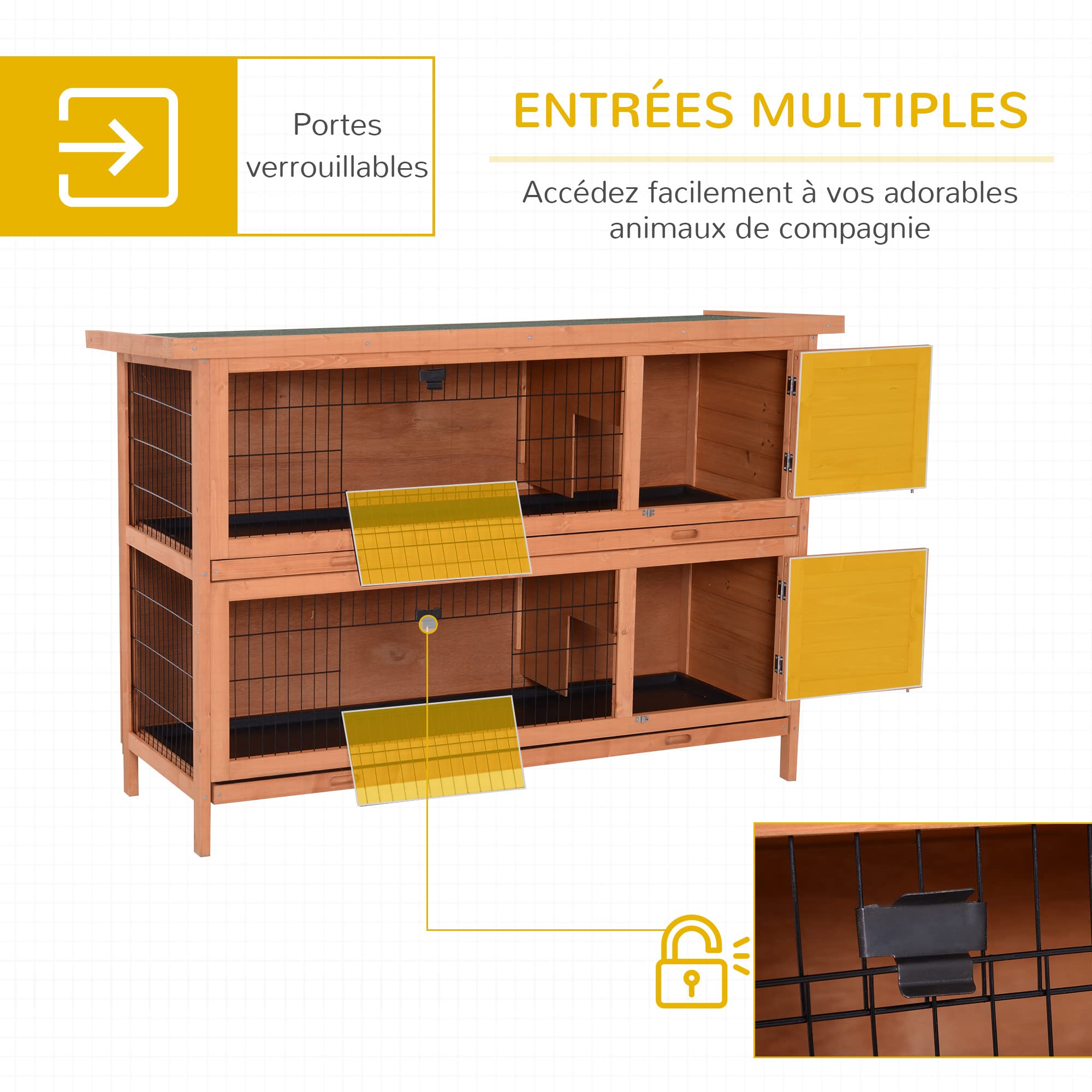 PawHut Clapier sur Pieds Cage à Lapin Double Niveau Plateaux excréments coulissants 4 Portes verrouillables dim. 137L x 50l x 93H cm Bois Massif pin Toit bitumé Vert