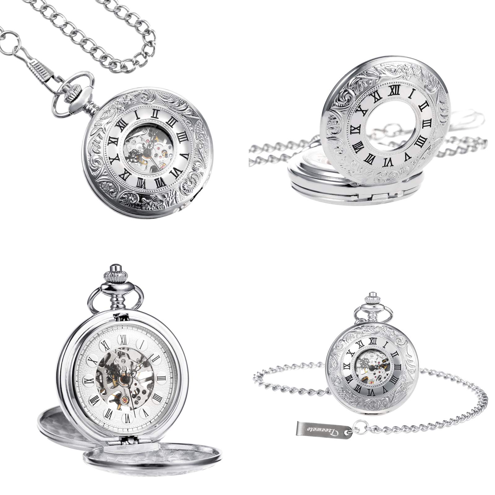 TREEWETO Montre a Gousset pour Homme avec Chaîne Montre de Poche Unisexe mécanique à Double Couverture Squelette Steampunk