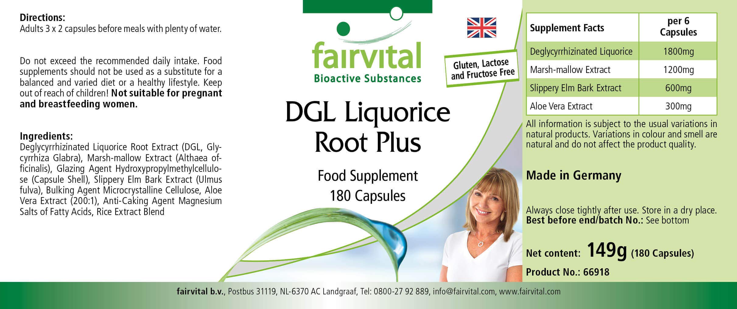 fairvital DGL Plus, 180 capsule, ALTO DOSAGGIO, VEGANO, con liquirizia, altea, olmo rosso e aloe vera
