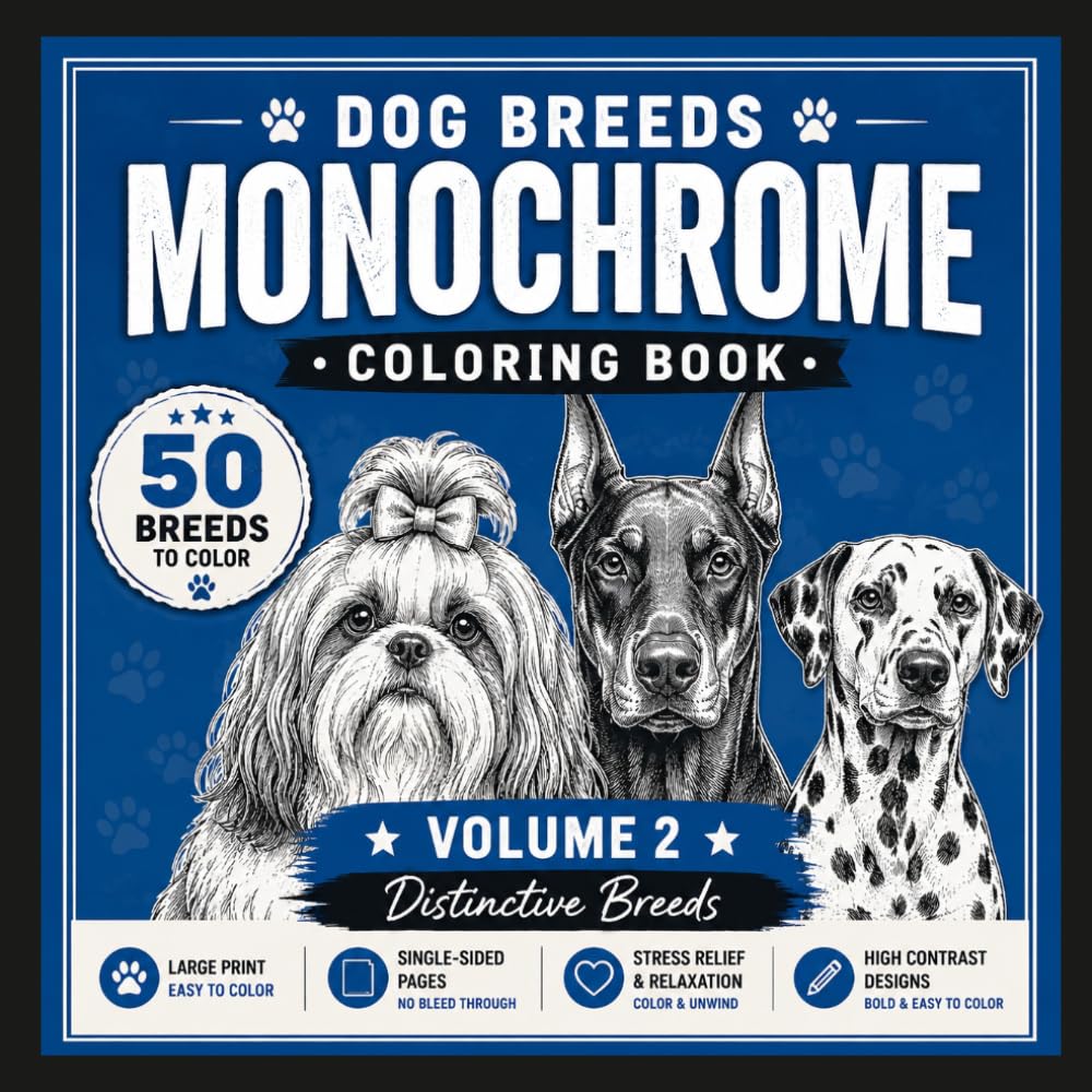 Dog Breeds Monochrome Coloring Book – Volume 2: 50 New Dog Portraits with Breed Names | Easy One-Color Designs with Marked Areas for Relaxation (Monochrome Dog Breeds Coloring Book)