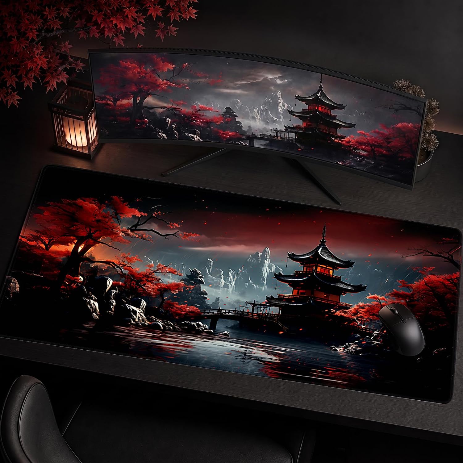 Oriental Gaming Mouse Pad XXL, Large Desk Mat 35.4"x15.7", Non-Slip Waterproof Extended Keyboard Mat for Gaming Office Home (Crimson Pagoda) image 2