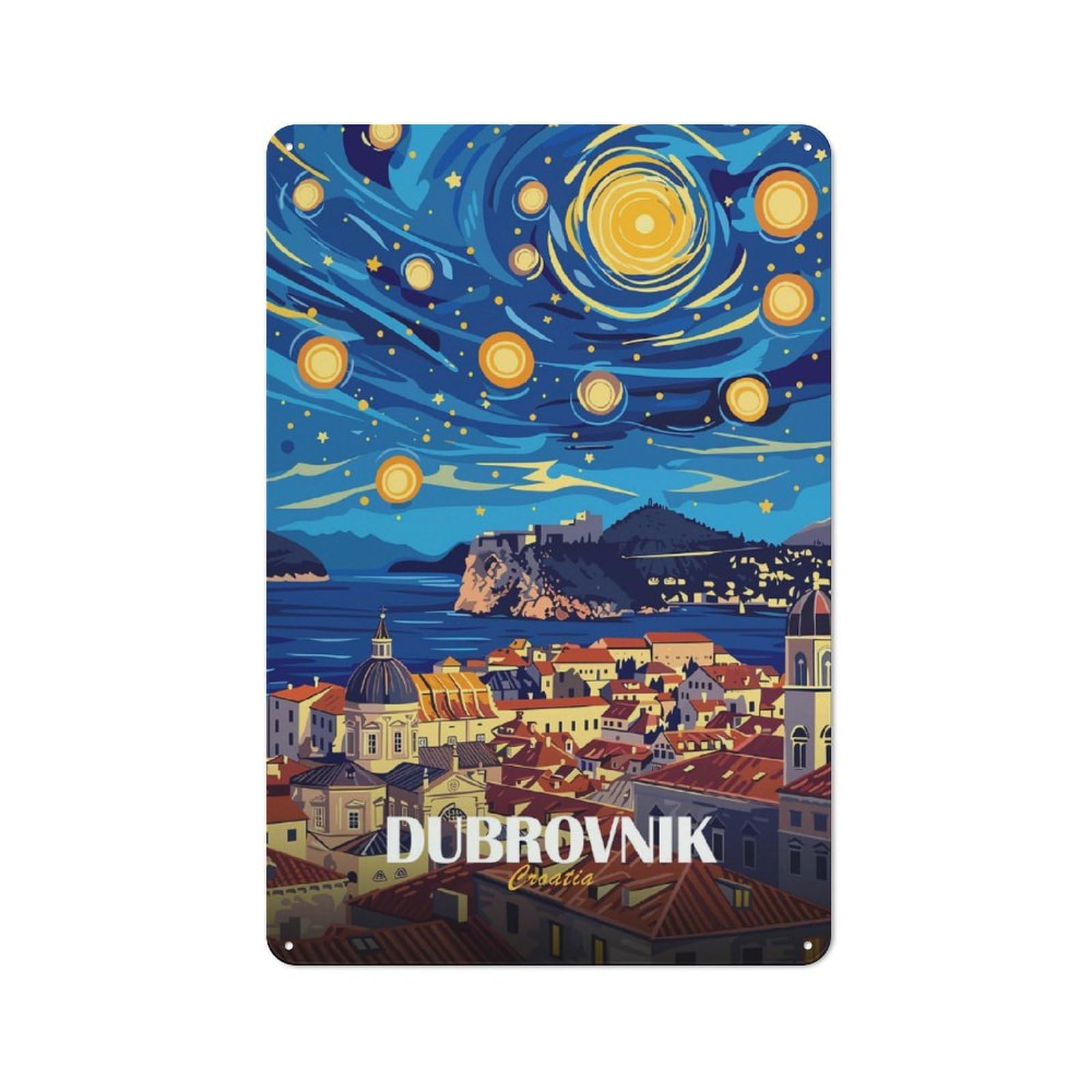 Junmoney Style-9 Dubrovnik Croatia Starry Night Art Retro Metal Wall Sign 30X20cm For Guest Room Or Hallway, A Housewarming Gift For Home Decor Collectors