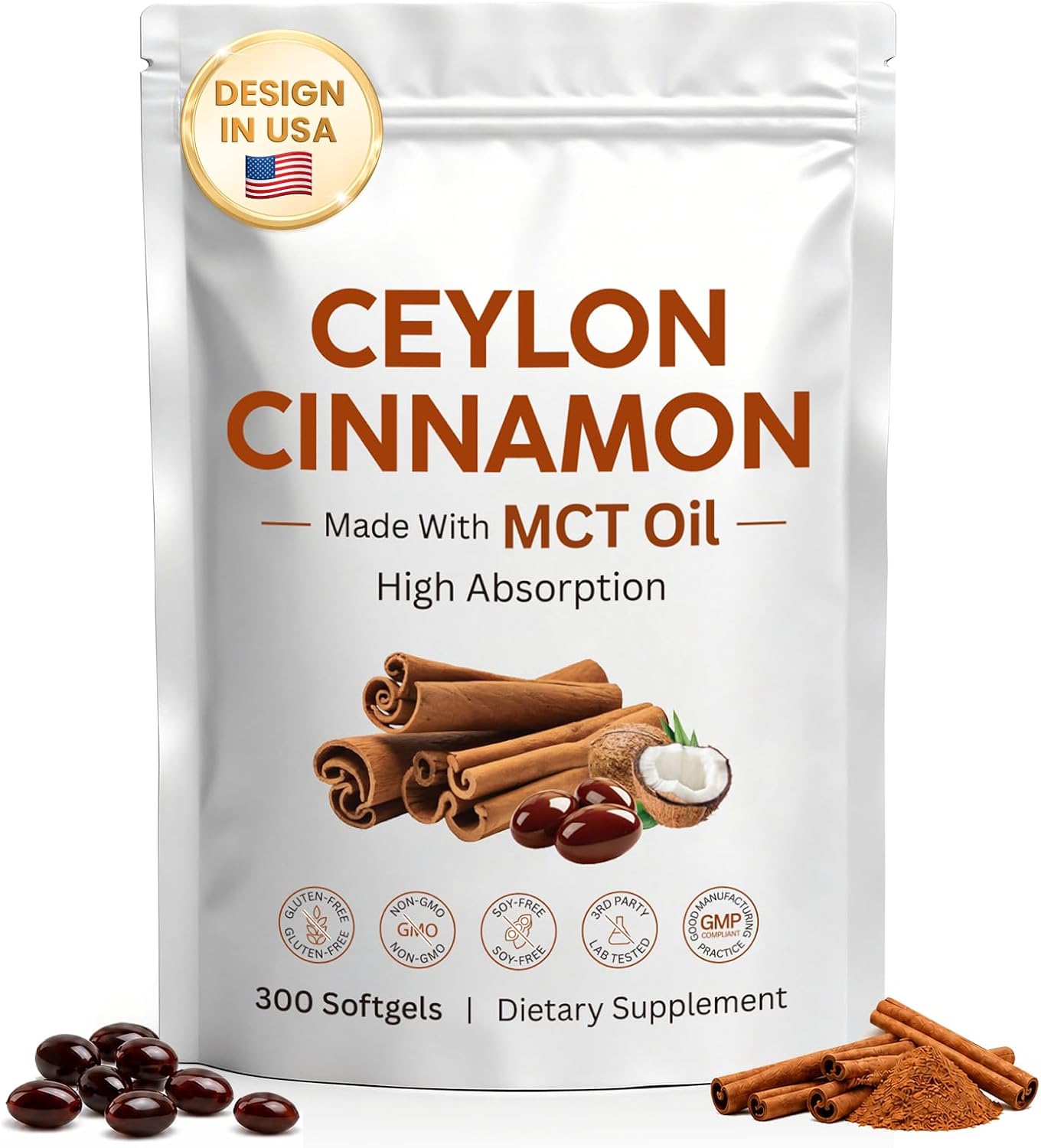 Ceylon Cinnamon with MCT Oil, 300 Softgels, Highly Bioavailable, Non-GMO