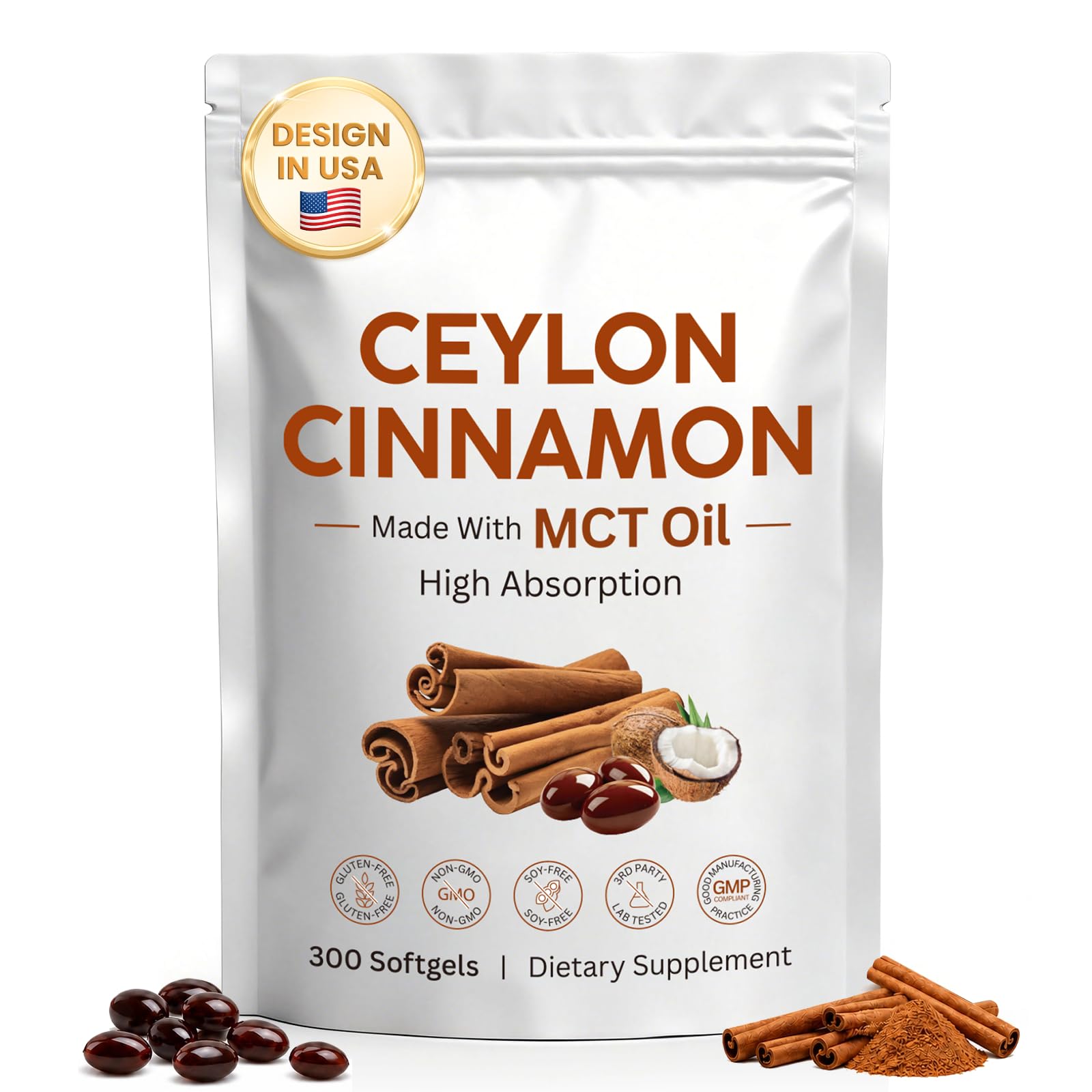 Ceylon Cinnamon with MCT Oil, 300 Softgels, Highly Bioavailable, Non-GMO