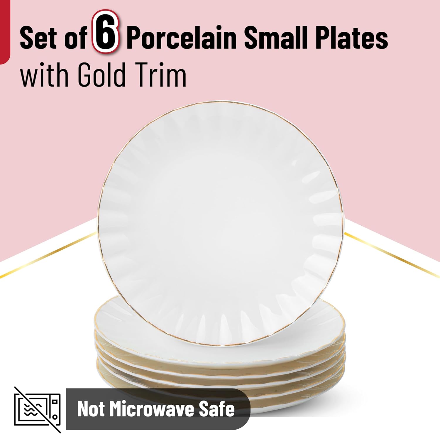 BTaT- White Dessert Plates, Set of 6, 8 inch, White Porcelain with Gold Trim, Small Plate, Small Appetizer Plates